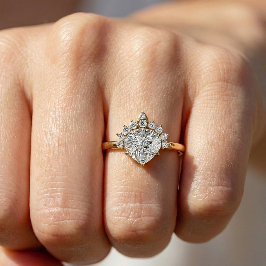 Crown Halo Pear Cut Cluster Engagement Ring in 18K Solid Gold, 0.95 TCW Lab Diamond Unique Wedding Bridal Jewelry, Anniversary Gift for Women