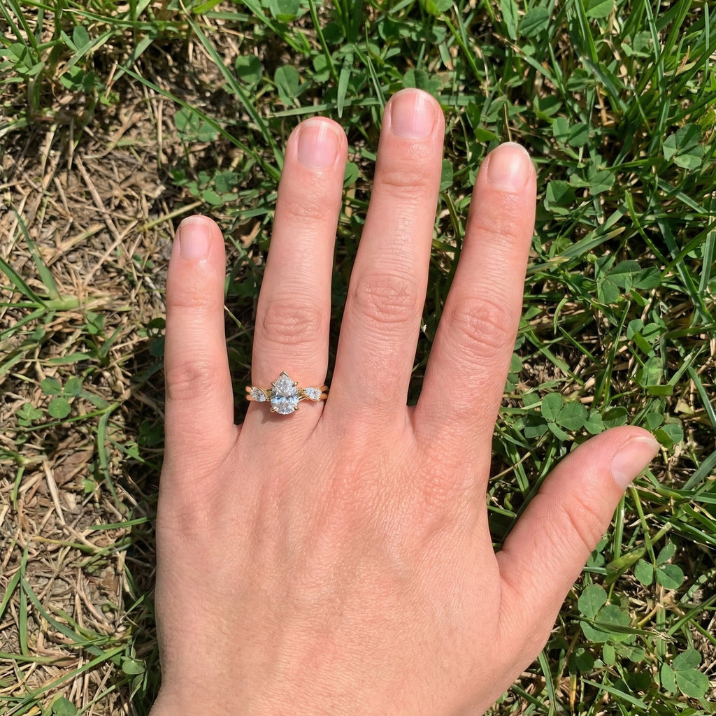 Unique Twisted Three Stone Engagement Ring in 14K Solid Gold, 1.30 TCW Pear Cut Lab Created Diamonds, Birthday Gift For Wife, Handmade Fine Jewelry