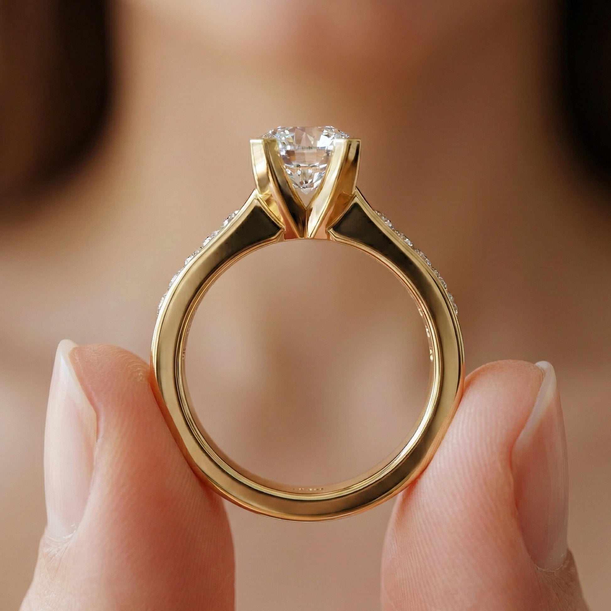 Modern Pavé Channel Set Engagement Ring in Solid 9k/14k Gold, 1.00 CT Round Cut Lab Diamond, Bridal Wedding Ring, Birthday Gift for Wife