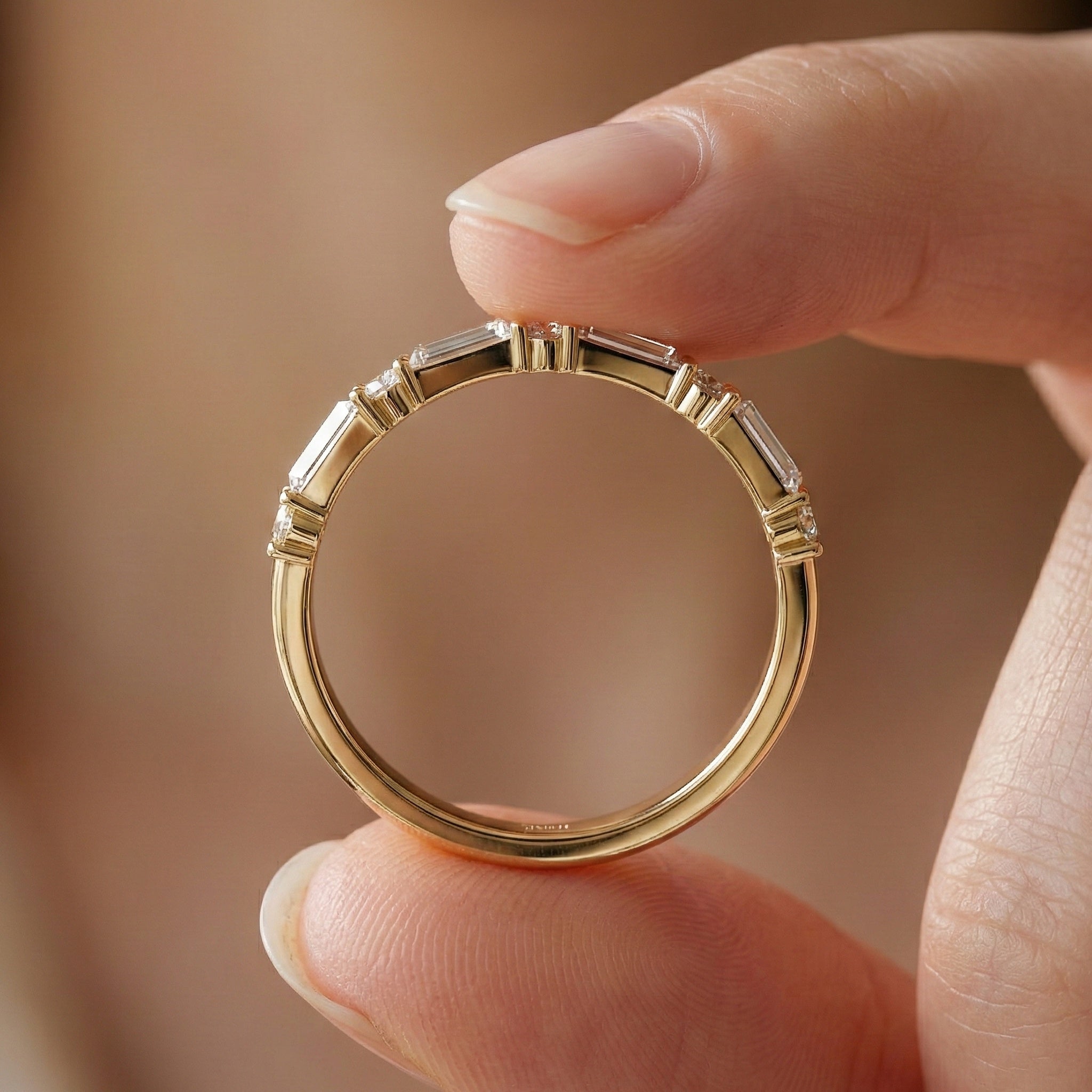 Dainty Baguette & Round Accent Band in 14K Solid Gold, 0.71 TCW Round/Baguette Cut Lab Grown Diamond, Wedding Jewelry, Promise Ring