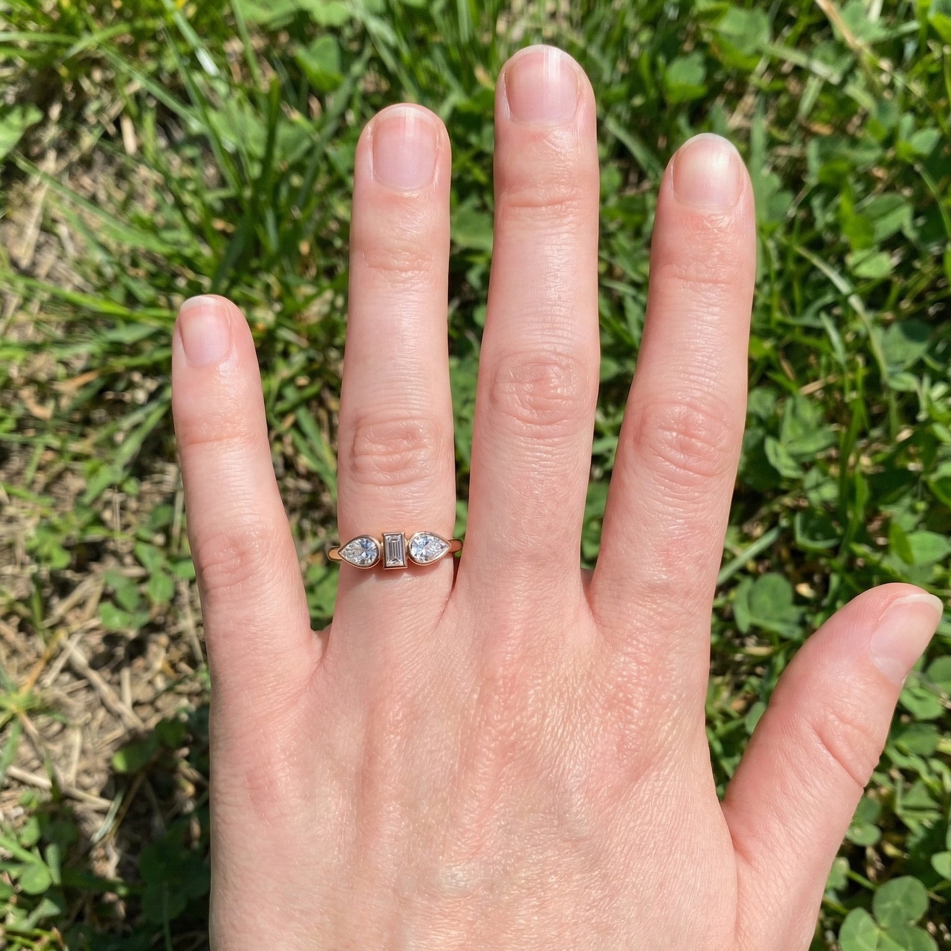 Unique Bezel Set Three Stone Engagement Ring in 14K Solid Gold, 0.36 TCW Pear/Baguette Cut Lab Created Diamonds, Birthday Gift for Her, Daily Wear Ring