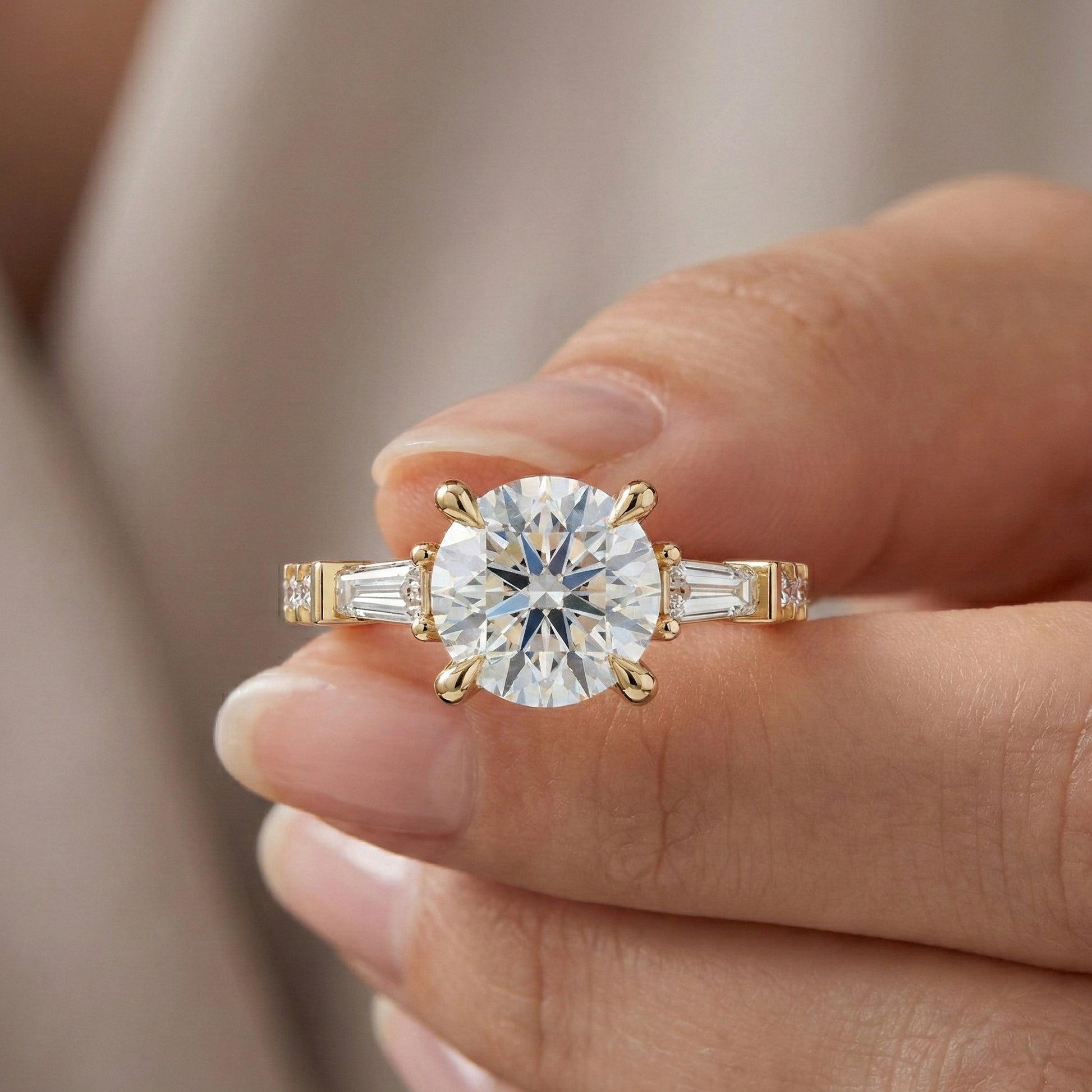 Baguette Accent Three-Stone Engagement Ring in 14K Solid Gold, 1.50 CT Round Cut Lab Grown Diamond, Elegant Jewelry, Anniversary Gift For Her