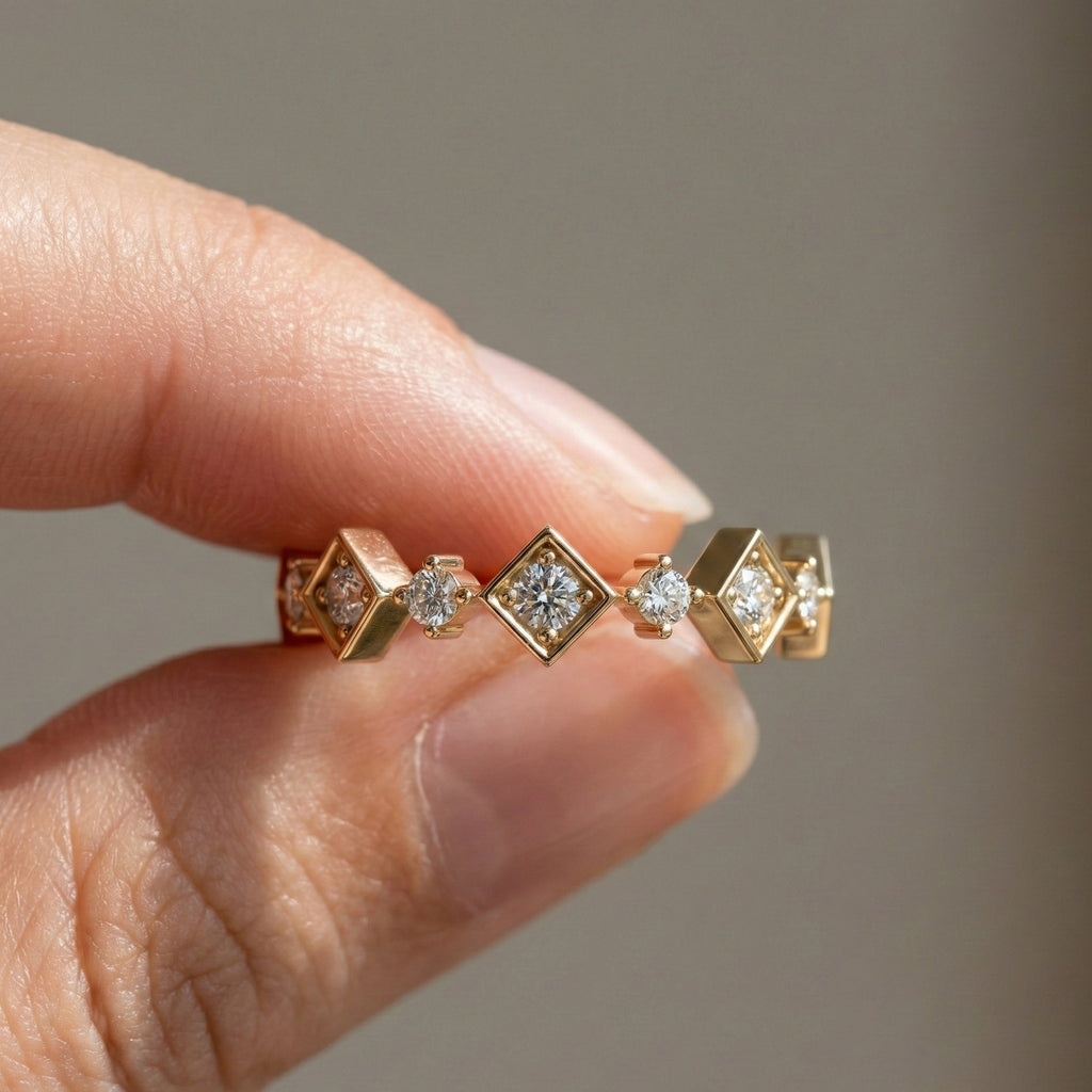 Art Deco Inspired Geometric Diamond Wedding Band in Lab Diamond-14k Solid Gold, Unique Band For Her,
