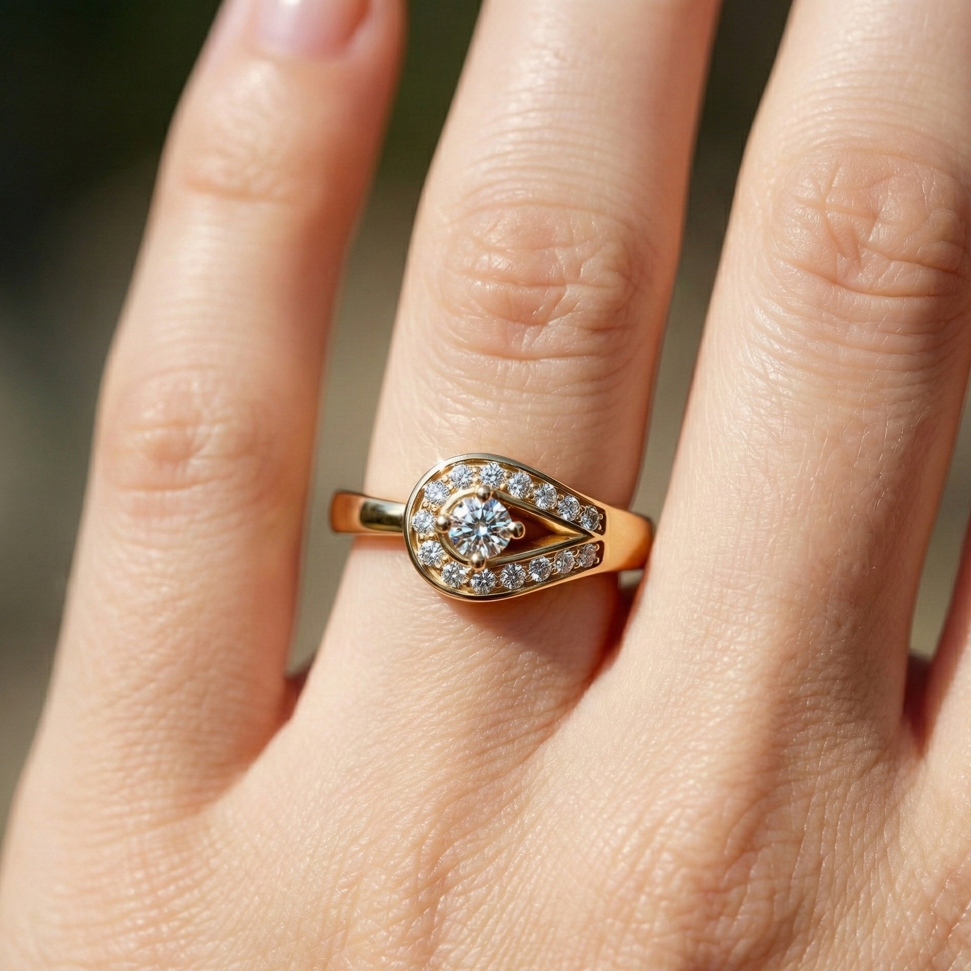 Teardrop Halo Solitaire Wedding Ring in 14k Yellow Gold, Elegant Halo Ring For Women, Anniversary Gift, Everyday Jewelry