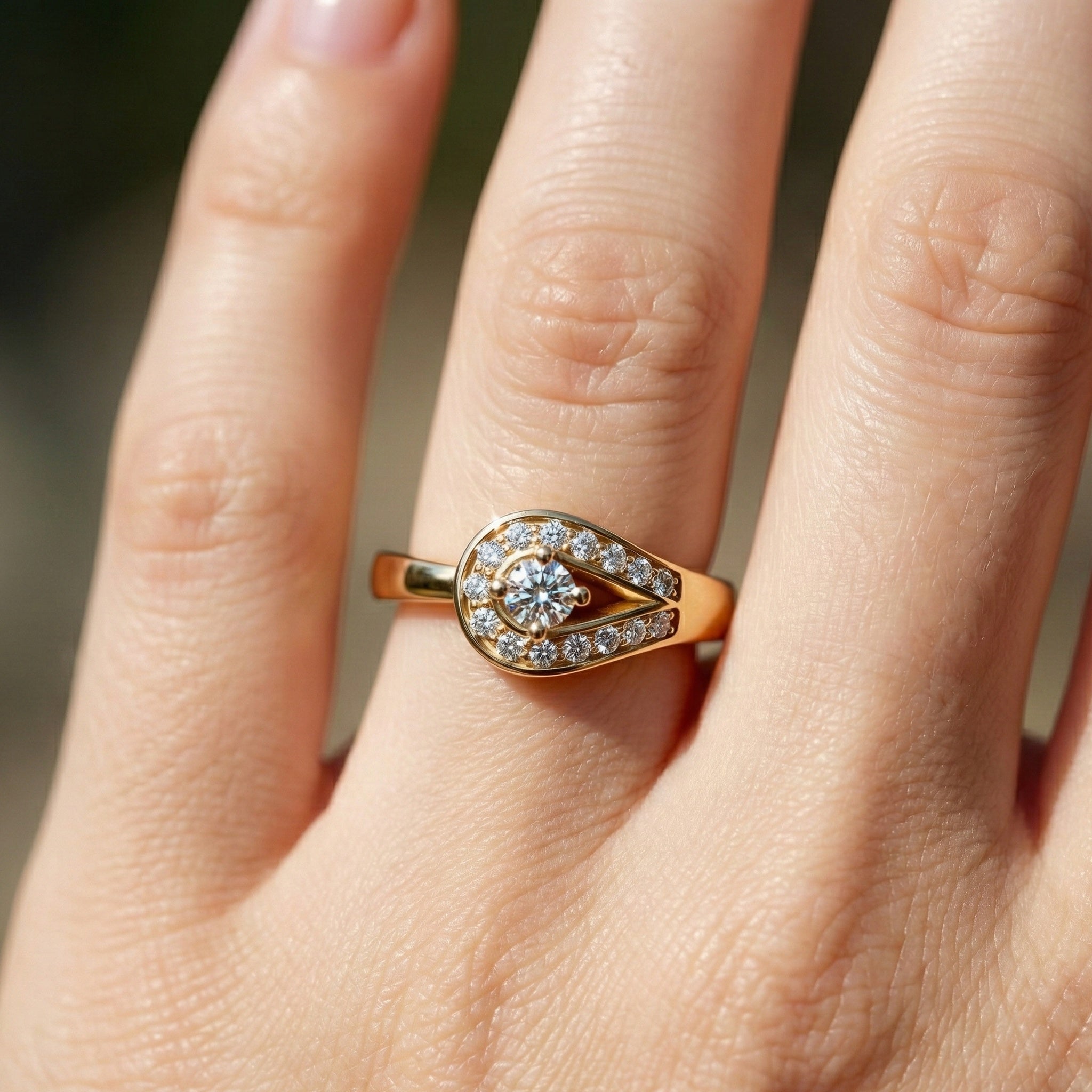 Teardrop Halo Solitaire Wedding Ring in 14k Yellow Gold, Elegant Halo Ring For Women, Anniversary Gift, Everyday Jewelry