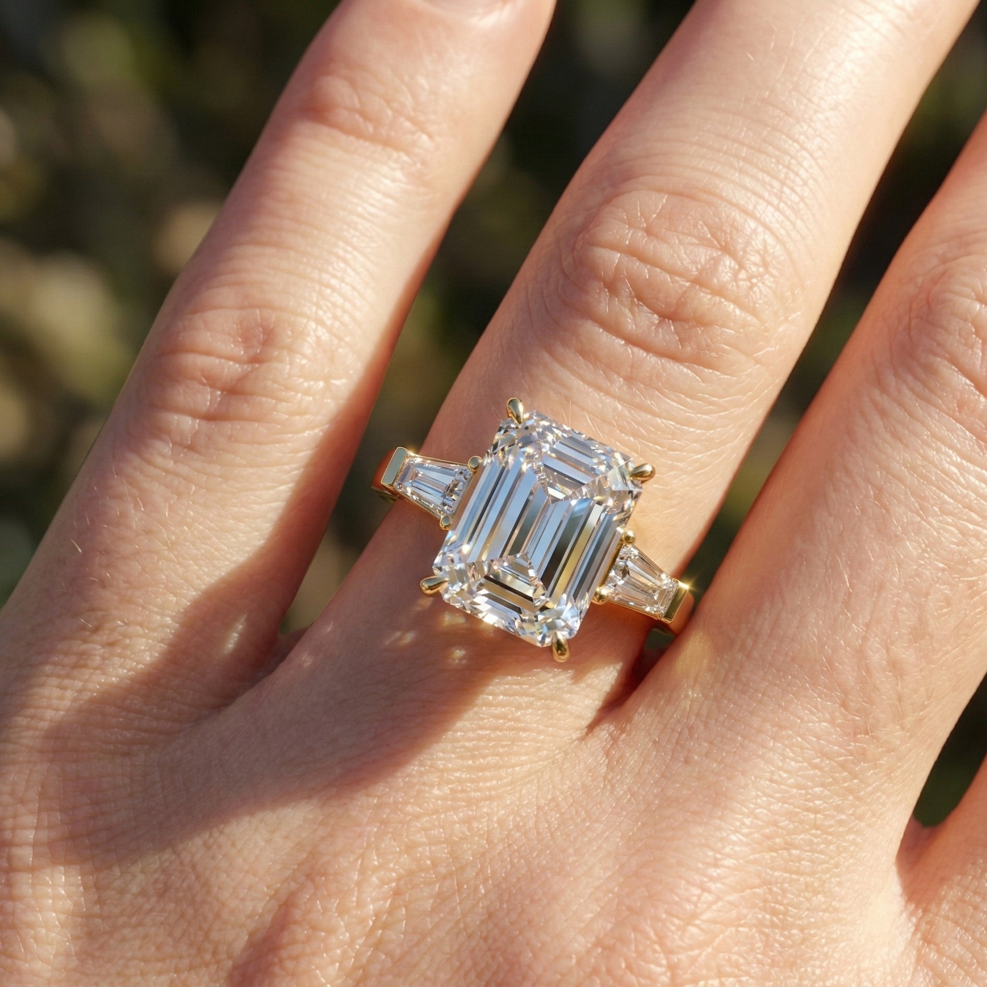 Elegant Emerald Cut Three Stone Engagement Ring in 14K White Gold, Bridal Jewelry, Handmade Jewelry