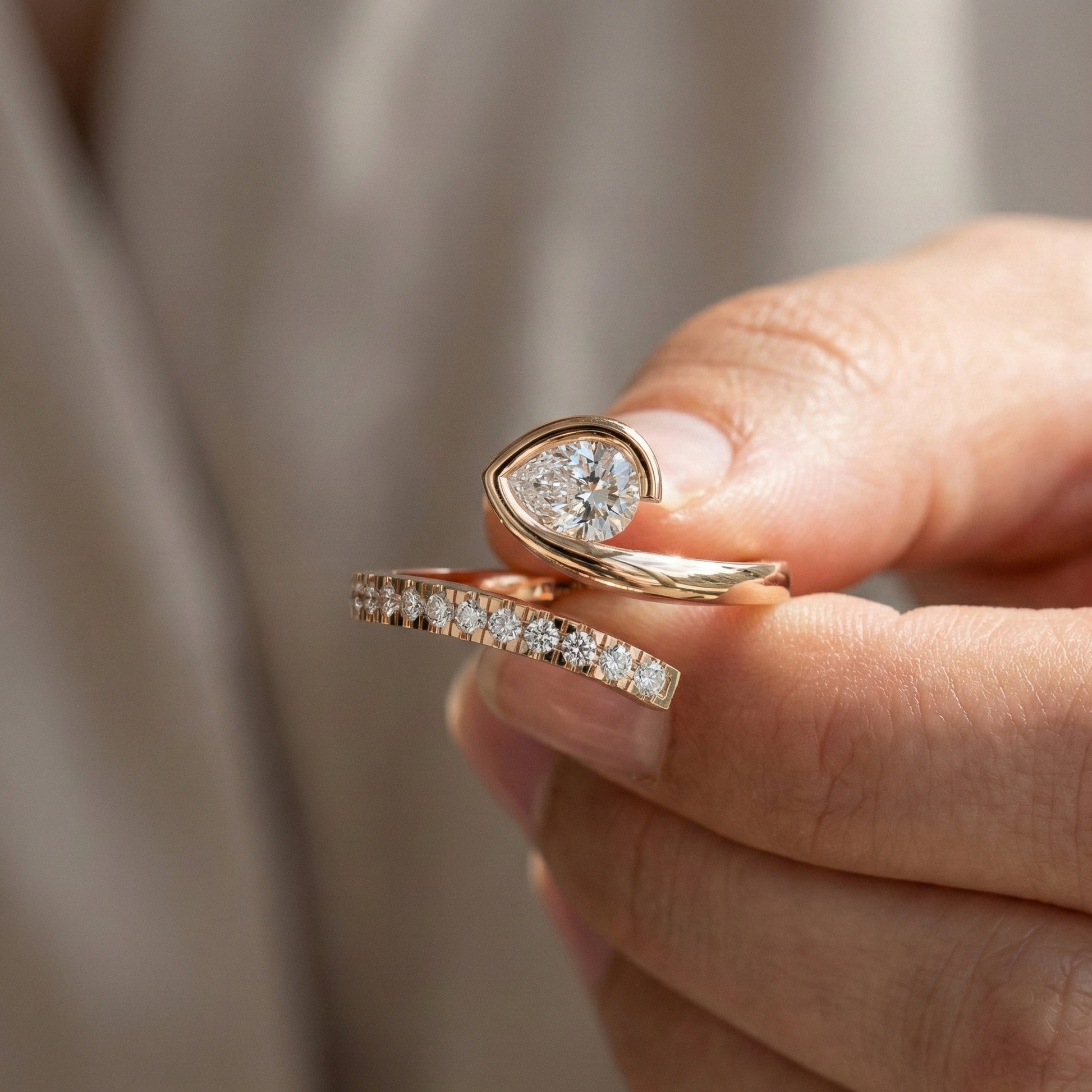 Modern Open Wrap Pear Solitaire Engagement Ring in Lab Diamond – 14k Solid Gold, Wedding Gift for Her, Handmade Bridal Jewelry