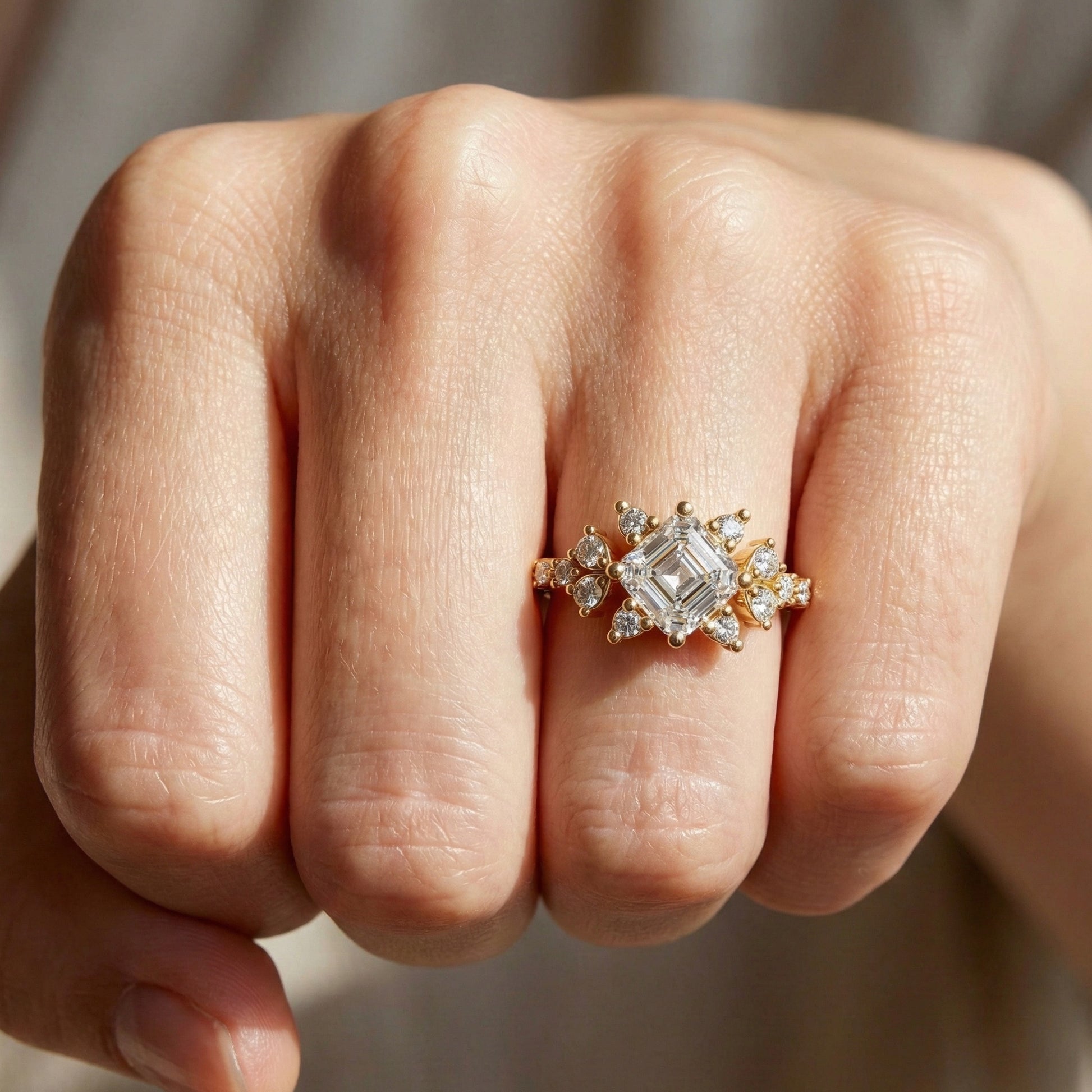 Unique Halo Cluster Engagement Ring in 14K Solid Gold, 1.00 CT Princess Cut Lab Created Diamond, Handmade Bridal Jewelry, Anniversary Gift for Her