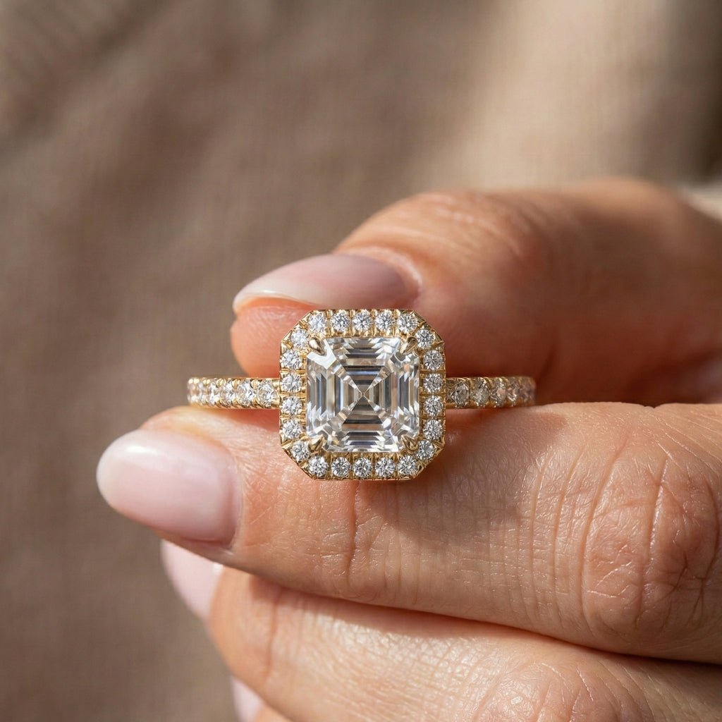 Square Halo Pave Engagement Ring in 14K Solid Gold, 1.00 CT Asscher Cut Lab Grown Diamond, Anniversary Gift For Her, Everyday Jewelry