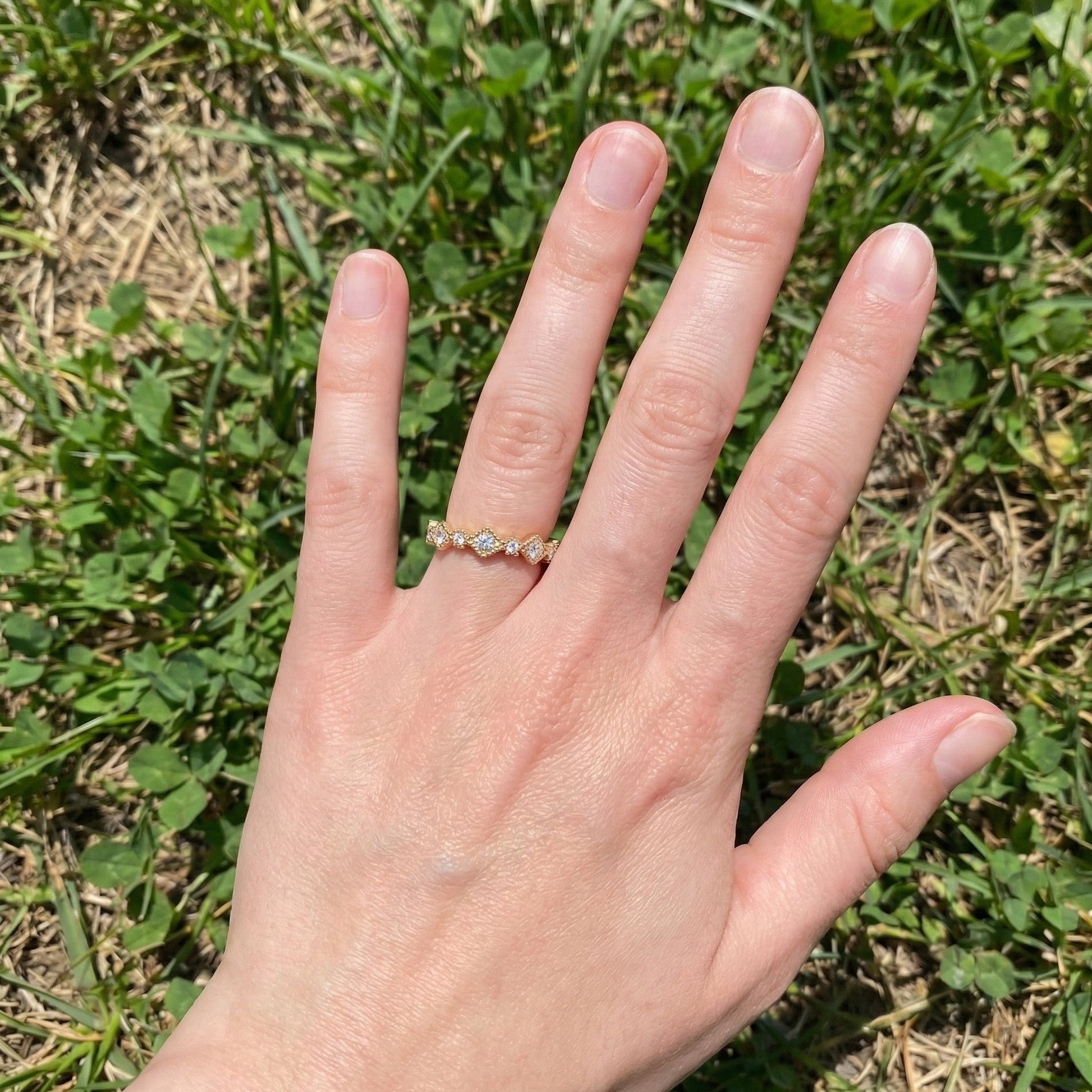 Vintage-Inspired Geometric Milgrain Wedding Band in 14K Solid Gold, 0.10 TCW Round Cut Lab Created Diamond, Stacker Gift For Her