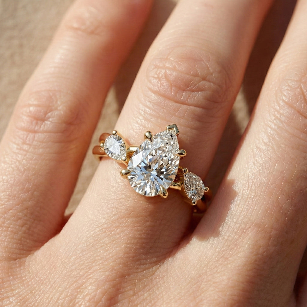 Unique Twisted Three Stone Engagement Ring in 14K Solid Gold, 1.30 TCW Pear Cut Lab Created Diamonds, Birthday Gift For Wife, Handmade Fine Jewelry