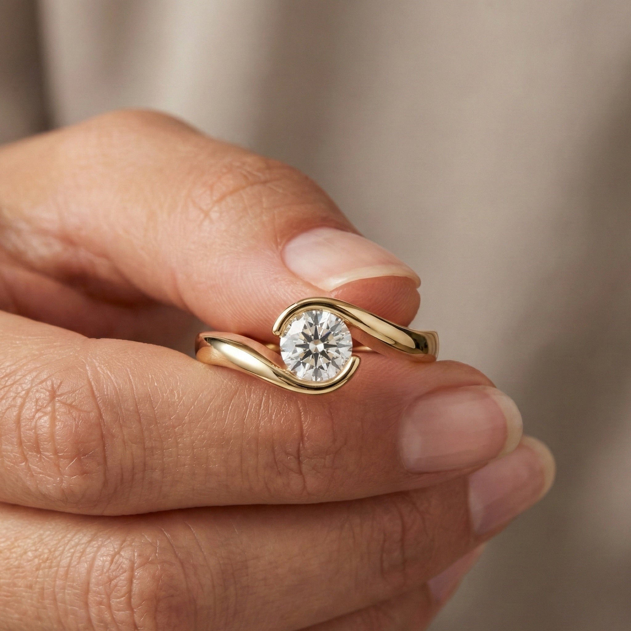 Swirl Bypass Solitaire Semi-Bezel Engagement Ring in 18K Rose Gold, 0.50 CT Round Cut Lab Grown Diamond, Promise Ring For Her