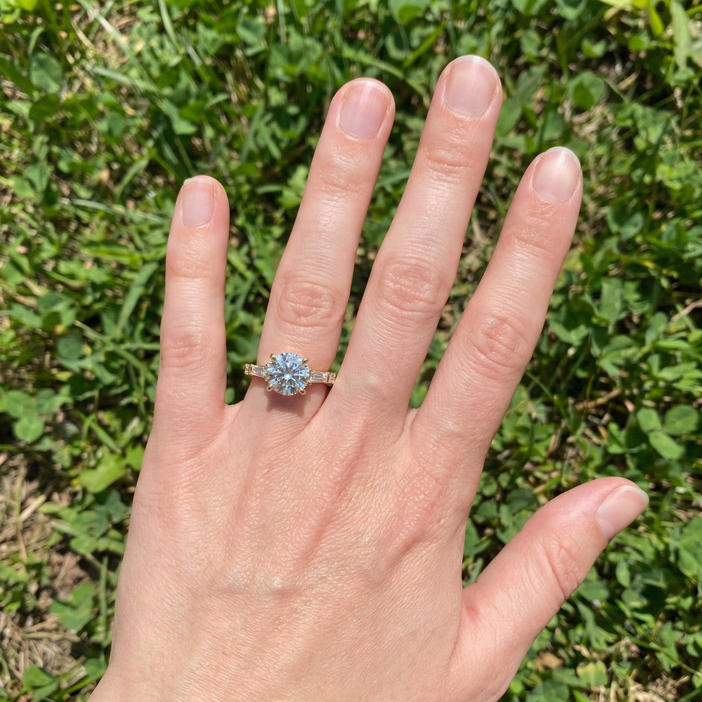 Baguette Accent Three-Stone Engagement Ring in 14K Solid Gold, 1.50 CT Round Cut Lab Grown Diamond, Elegant Jewelry, Anniversary Gift For Her