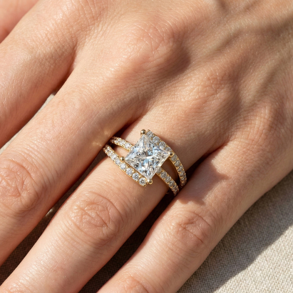 Modern Halo Split Shank Bypass Engagement Ring in 14K Solid Gold, 1.50 CT Princess Cut Lab Grown Diamond, Wedding Gift For Her