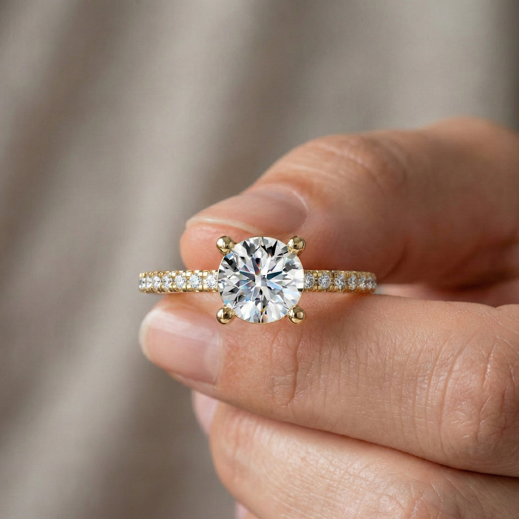 Dainty Pavé Solitaire Engagement Ring in 14K Solid Gold, 0.77 TCW Round Cut Lab Created Diamonds, Wedding Gift for Her, Daily Wear Ring