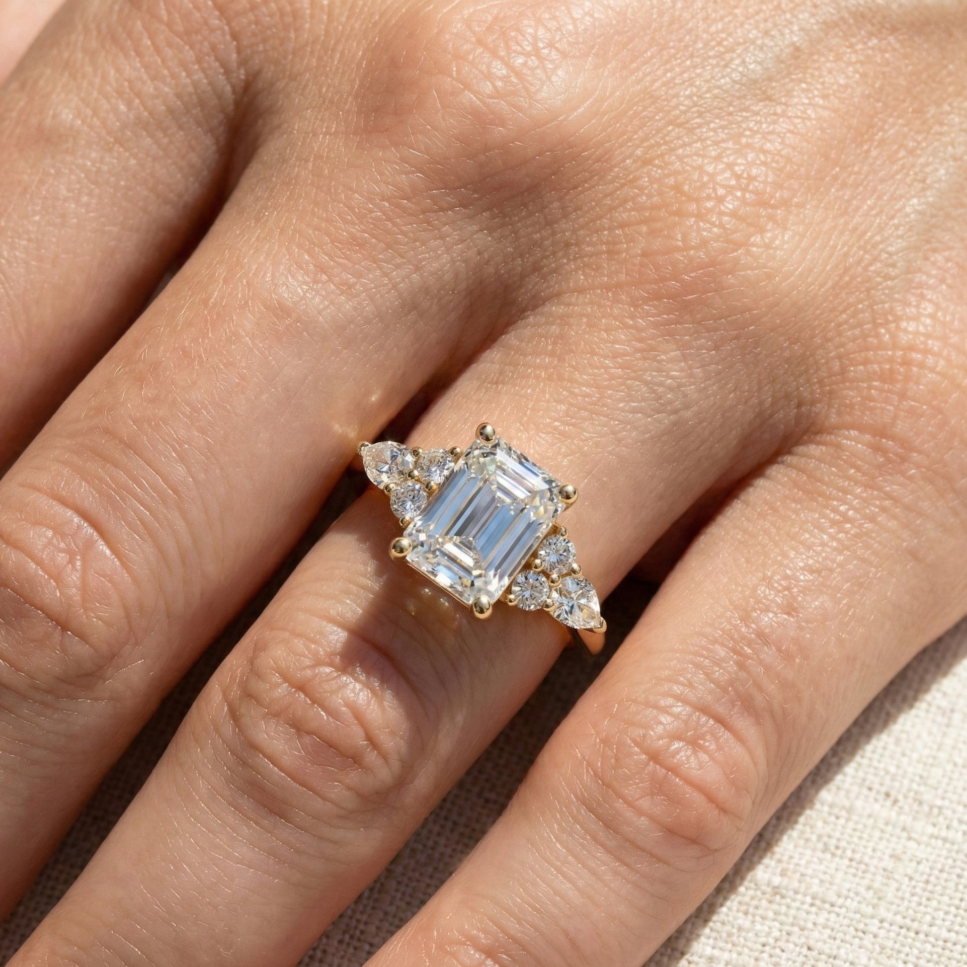 1.00 CT Emerald Cut Cluster Trio Engagement Ring in Lab Diamond – 14k Solid Gold, Anniversary Gift for Wife, Everyday Wedding Ring