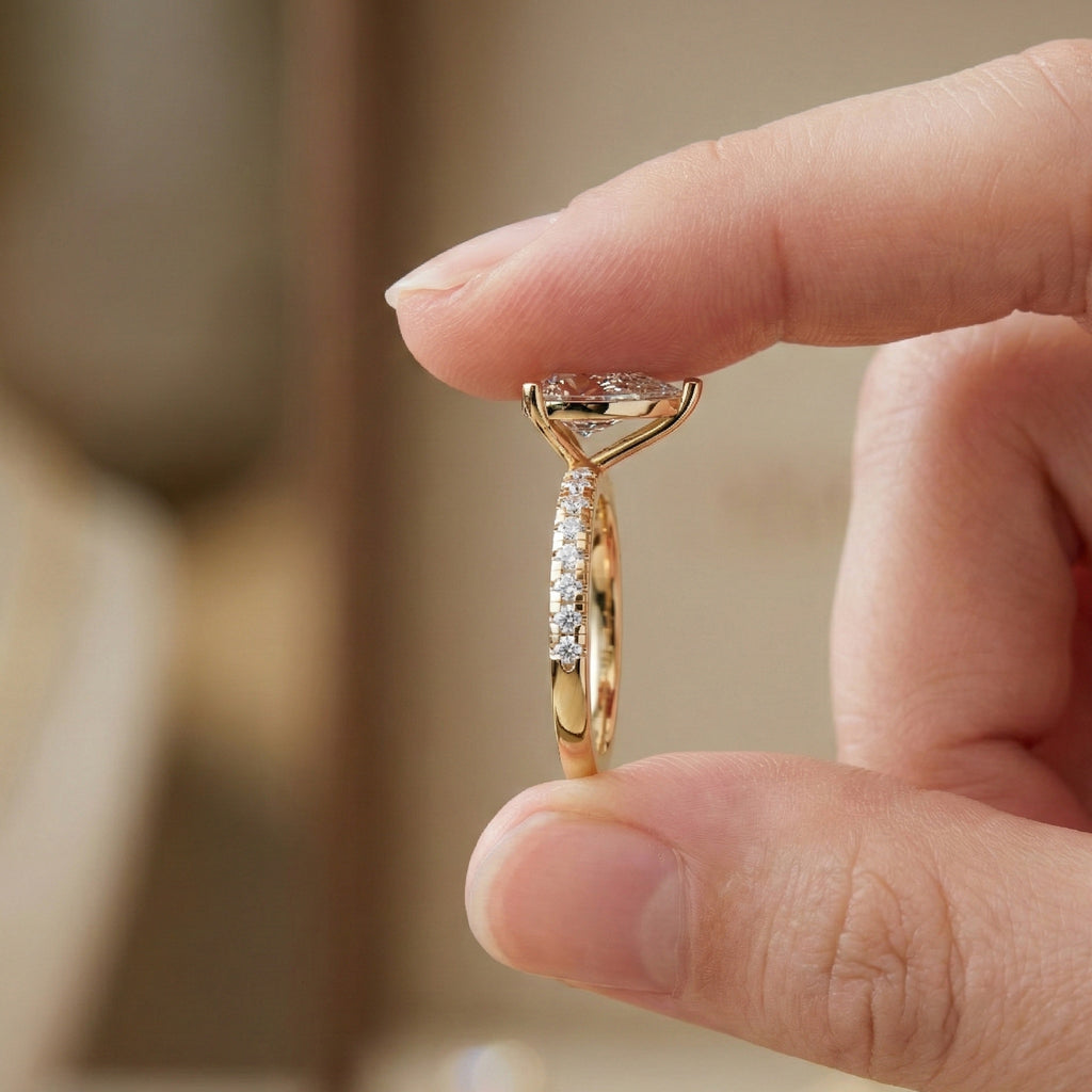 Dainty Pear Solitaire Pavé Engagement Ring in 14K Solid Gold, 1.50 CT Pear Cut Lab Grown Diamond, Proposal Jewelry, Anniversary Gift For Her