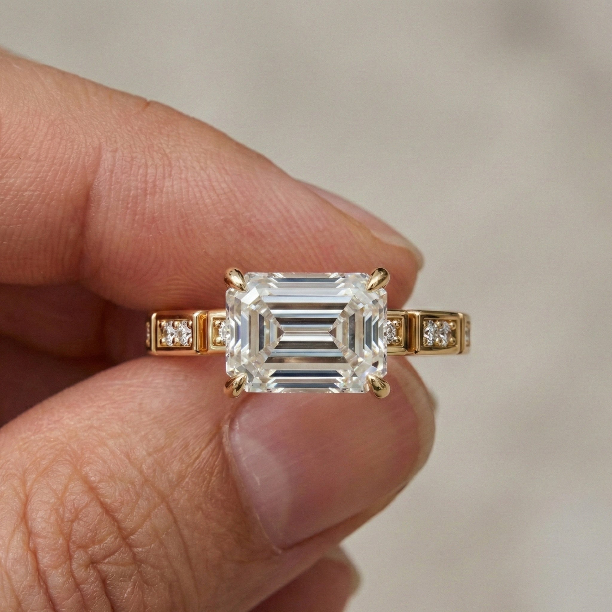 Emerald Cut Segmented Pavé Engagement Ring in 14K Solid Gold, 1.75 CT Emerald Cut Lab Created Diamond, Bridal Jewelry, Birthday Gift For Her