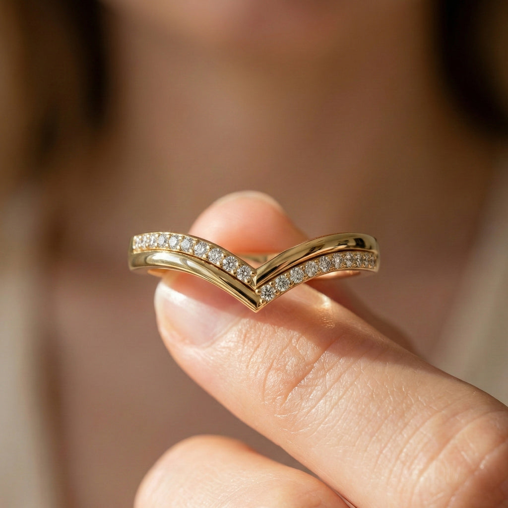 Chevron V-Shape Pave Wedding Band in Lab Grown Diamond – Solid 9k/14k Gold, Stackable Ring For Women, Antique Gift