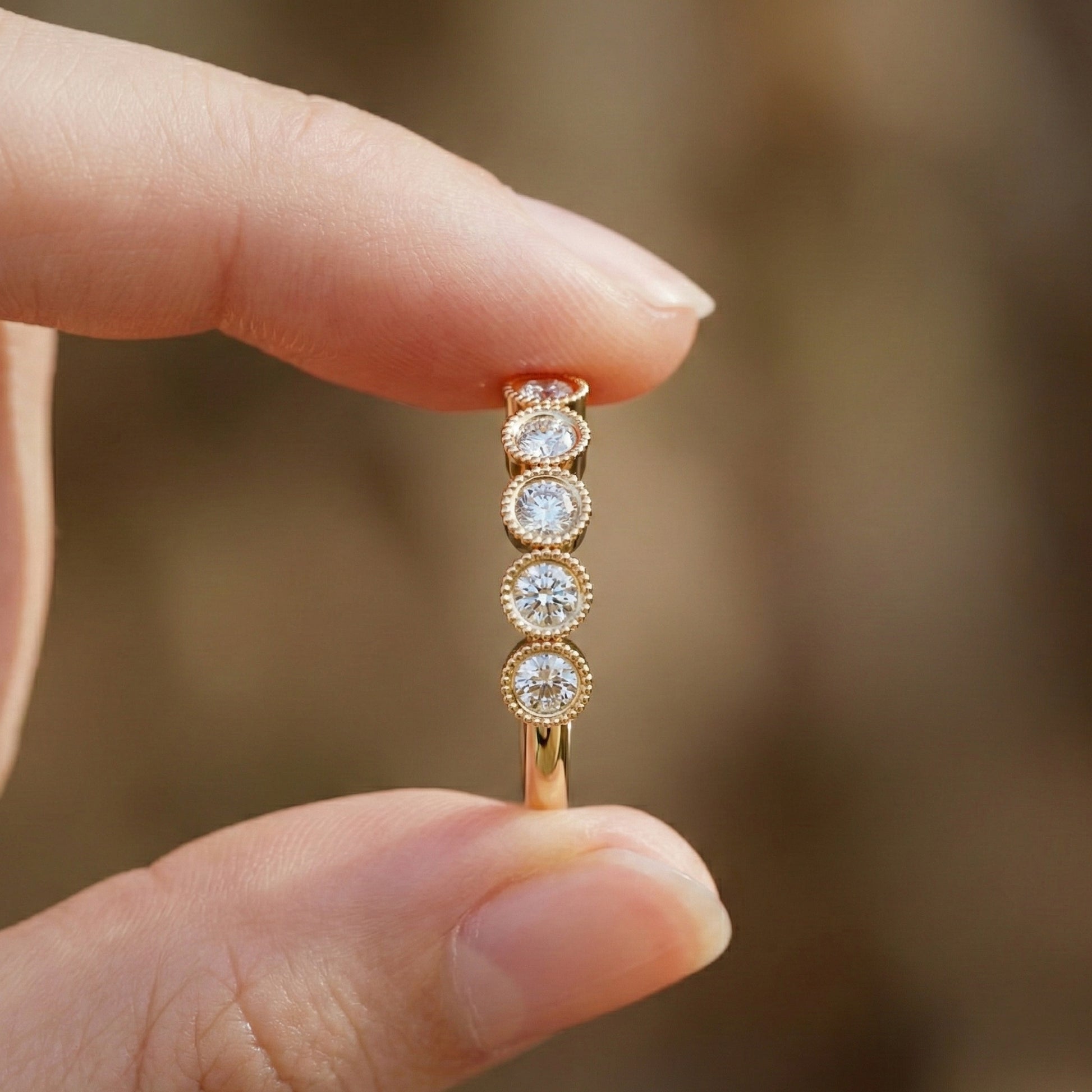 Vintage Bezel Set Wedding Eternity Band in Lab Grown Diamond-14k Solid Gold, Milgrain Ring for Her, Promise Ring