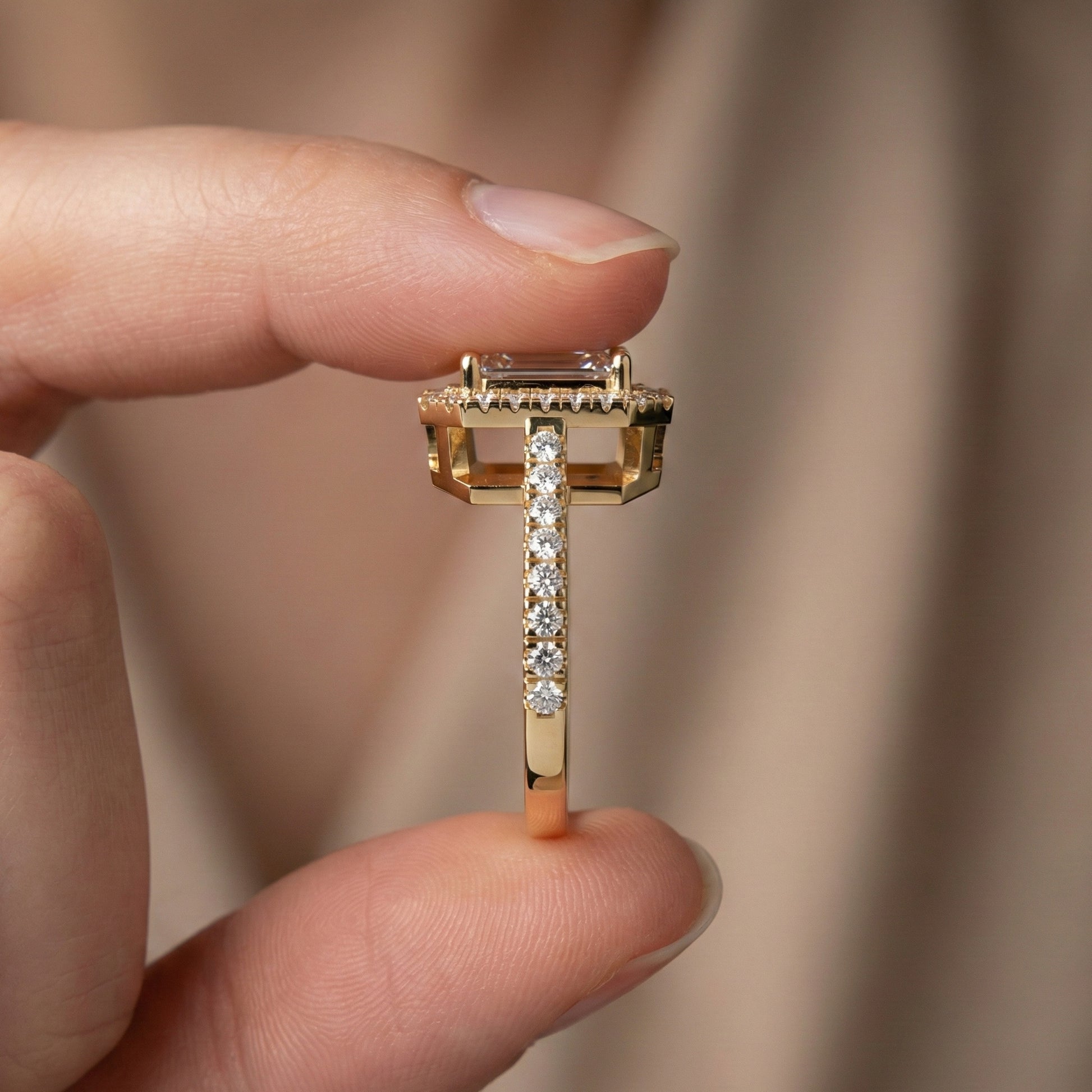 Unique Statement Halo Engagement Ring in 14K Solid Gold, 1.00 CT Emerald Cut Lab Created Diamond, Anniversary Gift For Wife, Handmade Jewelry