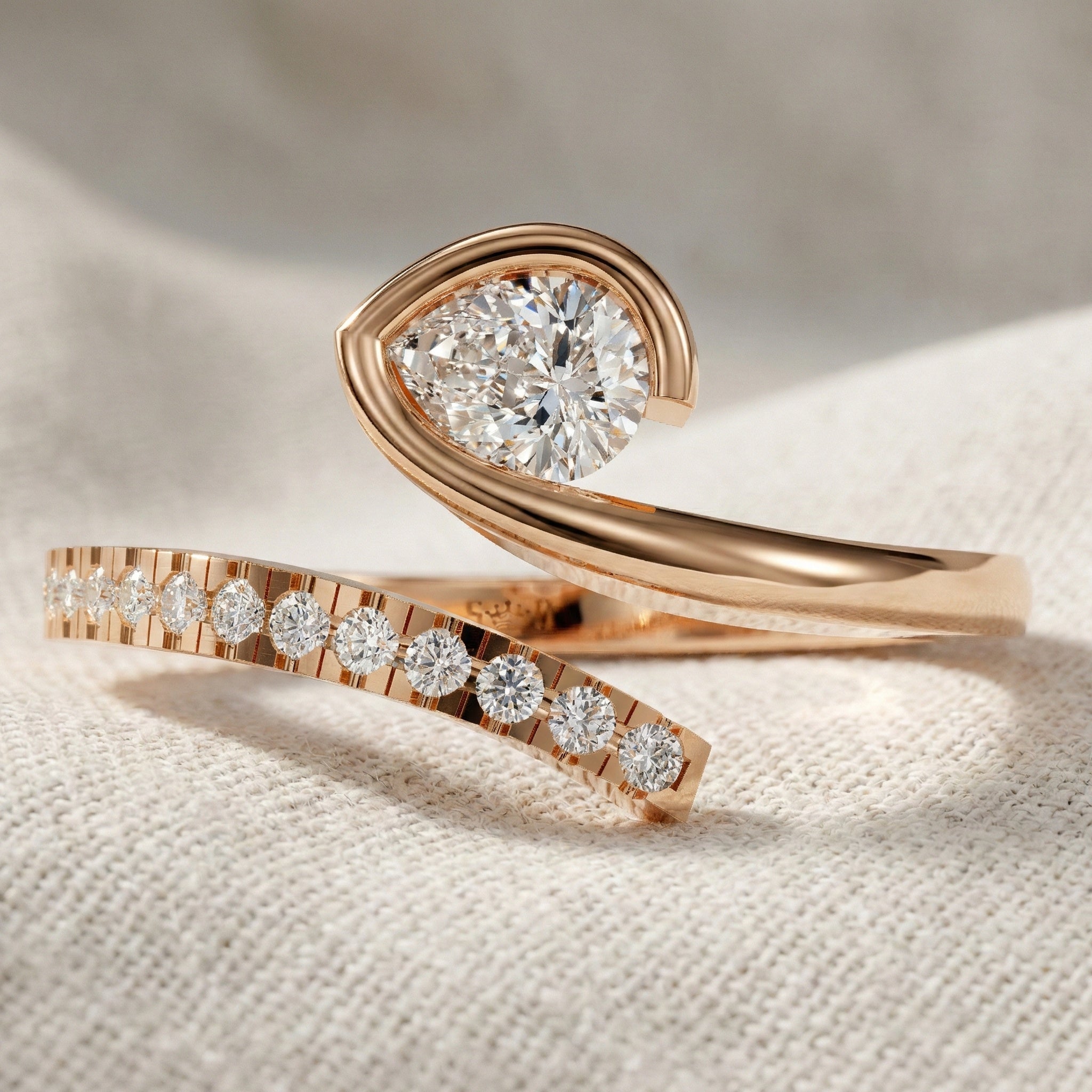Modern Open Wrap Pear Solitaire Engagement Ring in Lab Diamond – 14k Solid Gold, Wedding Gift for Her, Handmade Bridal Jewelry