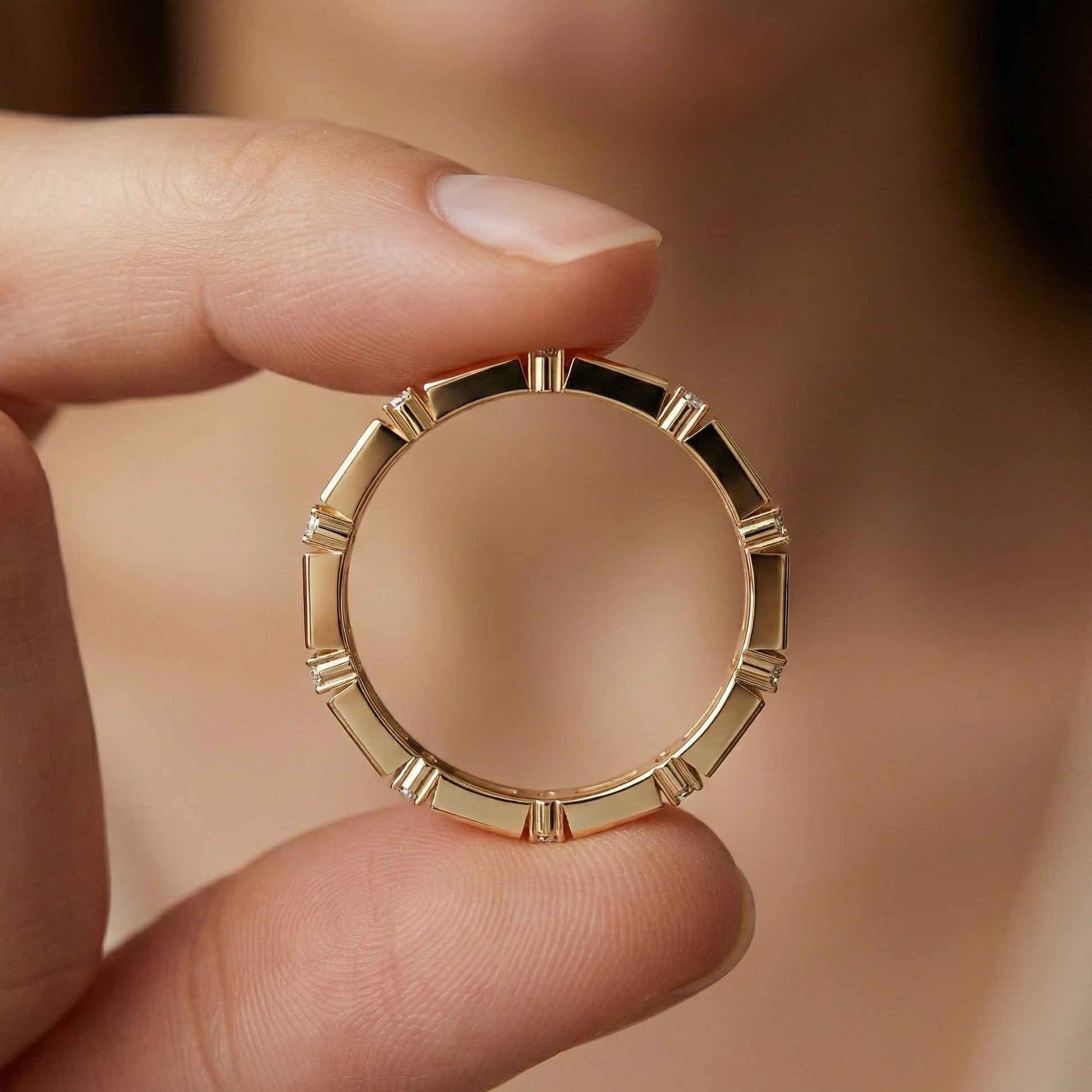 Geometric Eternity Wedding Band in 14k Solid Gold, 0.13 TCW Round Cut Diamonds, Stackable Wedding Ring Gift for Women, Simple Band