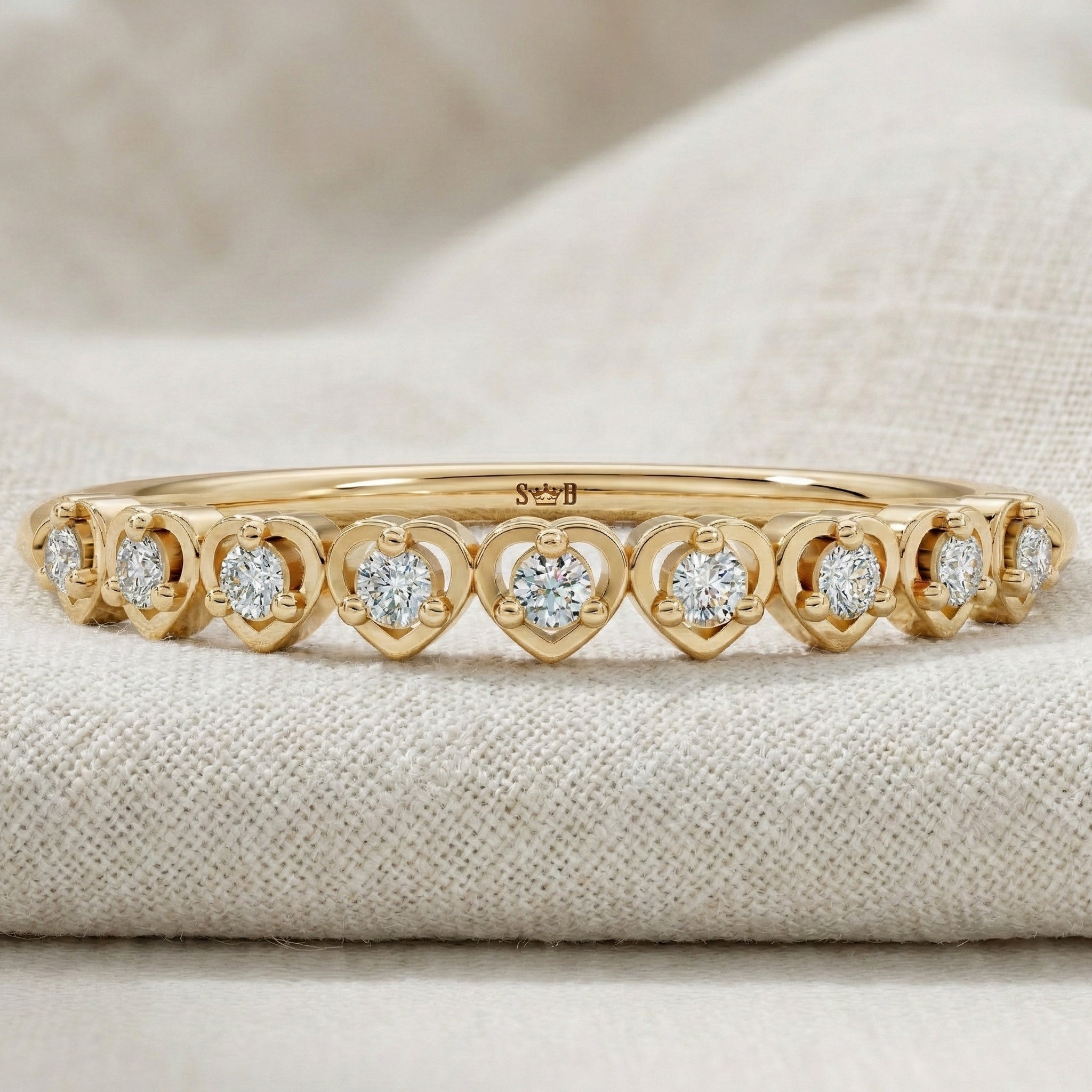 Heart Patterned Slim Stacker Wedding Ring in 14K Solid Gold, 0.07 TCW Round Cut Lab Created Diamonds, Everyday Ring, Birthday Gift For Her