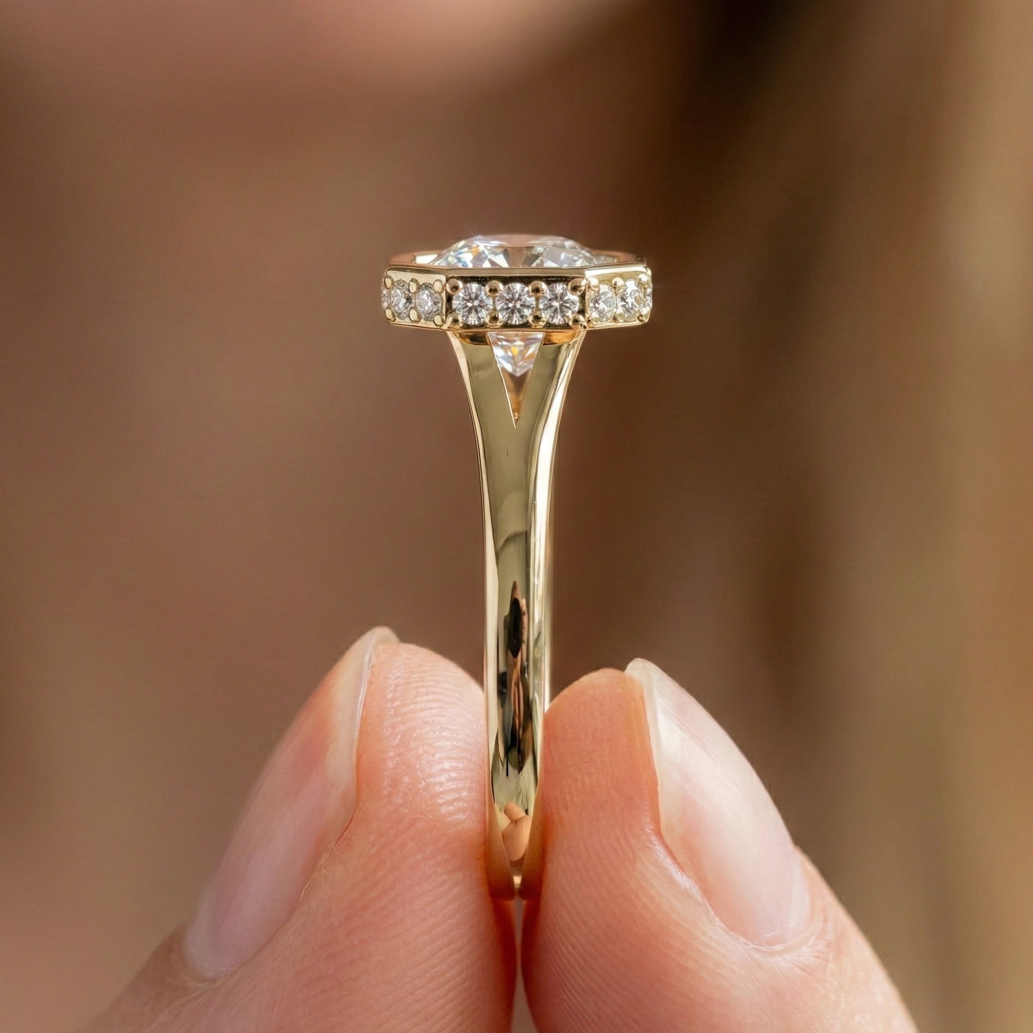 Bold Asscher Cut Bezel Hidden Halo Engagement Ring in Lab Grown Diamond – 18K Solid Gold, Tapered Band Geometric Solitaire Ring, Anniversary Gift for Wife