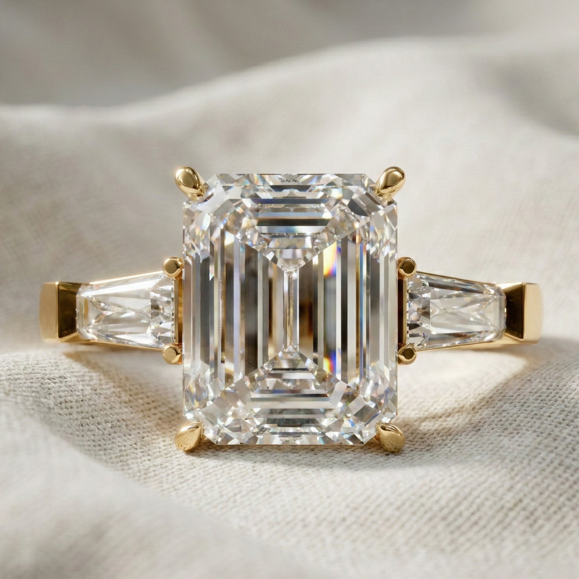 Elegant Emerald Cut Three Stone Engagement Ring in 14K White Gold, Bridal Jewelry, Handmade Jewelry