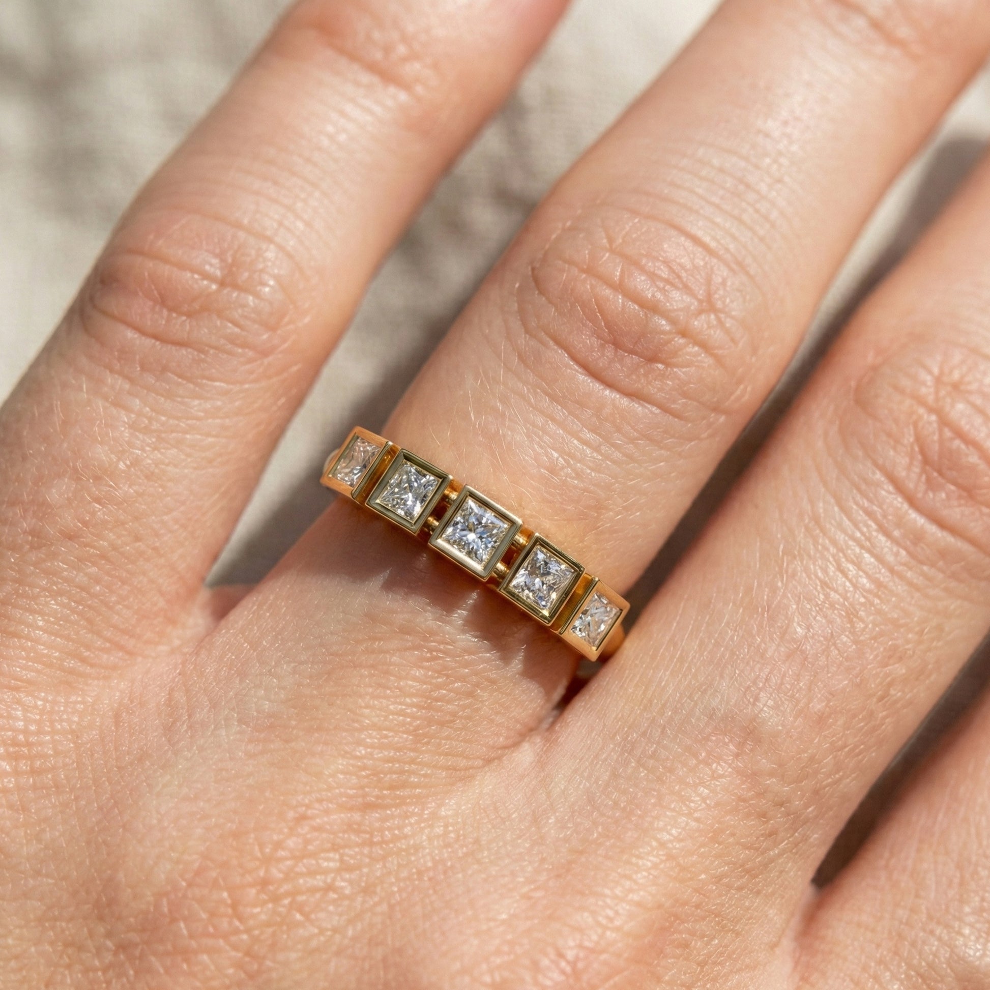 Bezel Set Half Eternity Wedding Band in 14K Solid Gold, 0.30 TCW Princess Cut Lab Grown Diamonds, Simple Band For Wife, Everyday Wedding Band