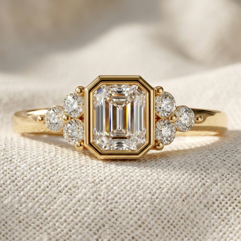 Unique Emerald Centerpiece Engagement Ring in 14K Solid Gold, 0.45 CT Emerald Cut Lab Created Diamond, Engagement Ring, Gift For Her