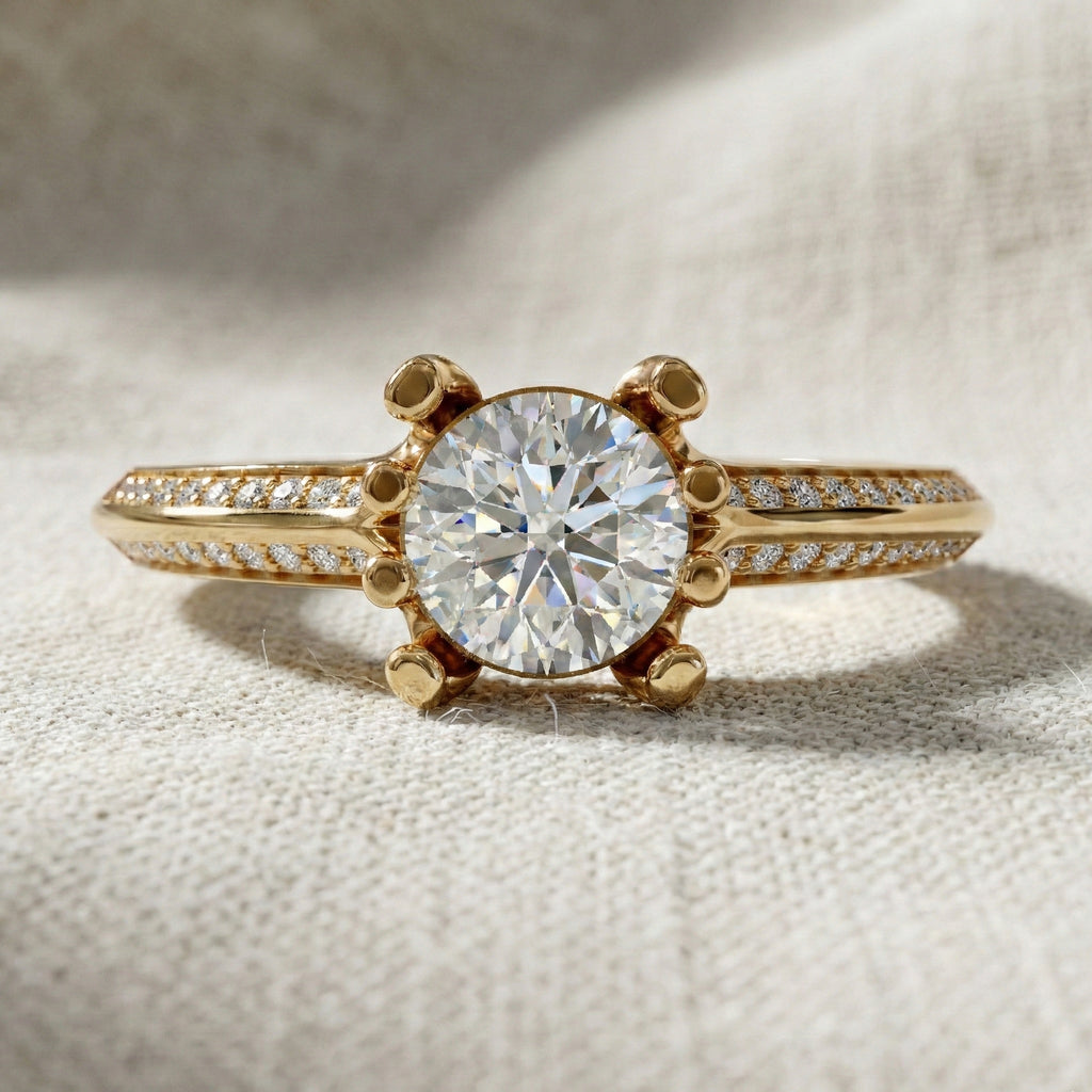 Open Shank Double Pavé Engagement Ring in 14K Solid Gold, 0.50 CT Round Cut Lab Created Diamond, Wedding Gift For Women, Unique Cuff Ring