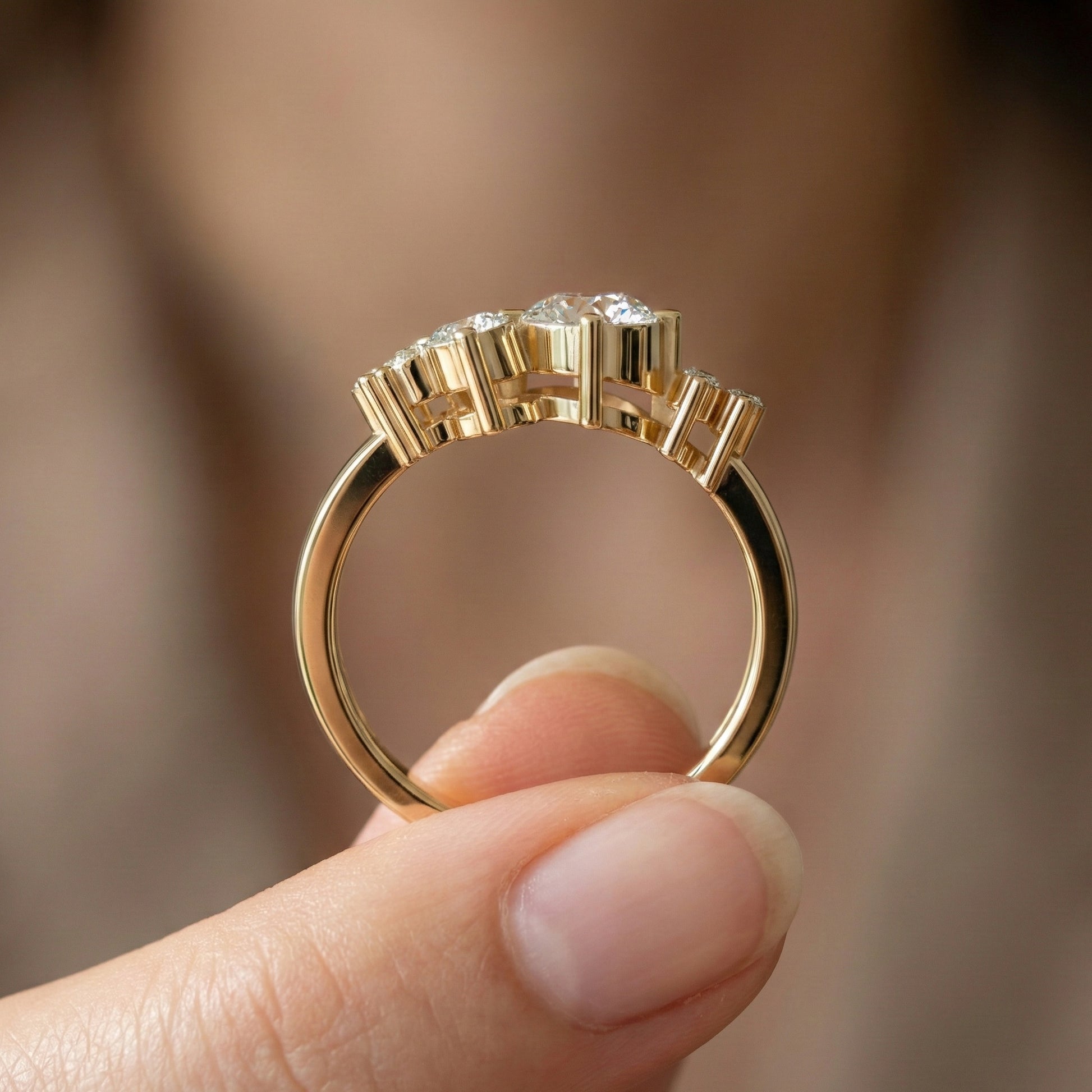 Asymmetrical Cluster Three Stone Engagement Ring in 14K Solid Gold, 0.70 CT Round Cut Lab Grown Diamond, Bridal Jewelry, Gift  For Her