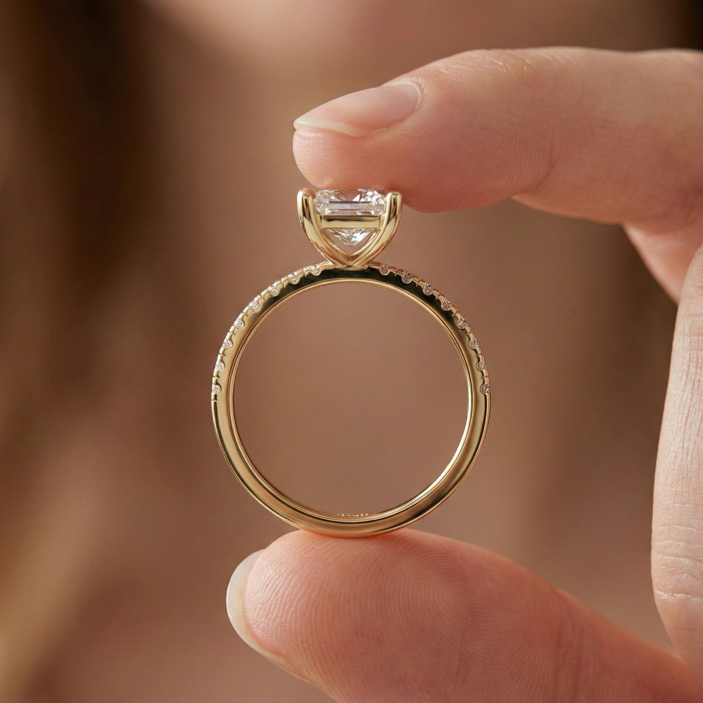 1.00 CT Princess Cut Pavé Band Solitaire Engagement Ring in Lab Grown Diamond - 14K Solid Gold, Bridal Gift for Her, Everyday Fine Jewelry