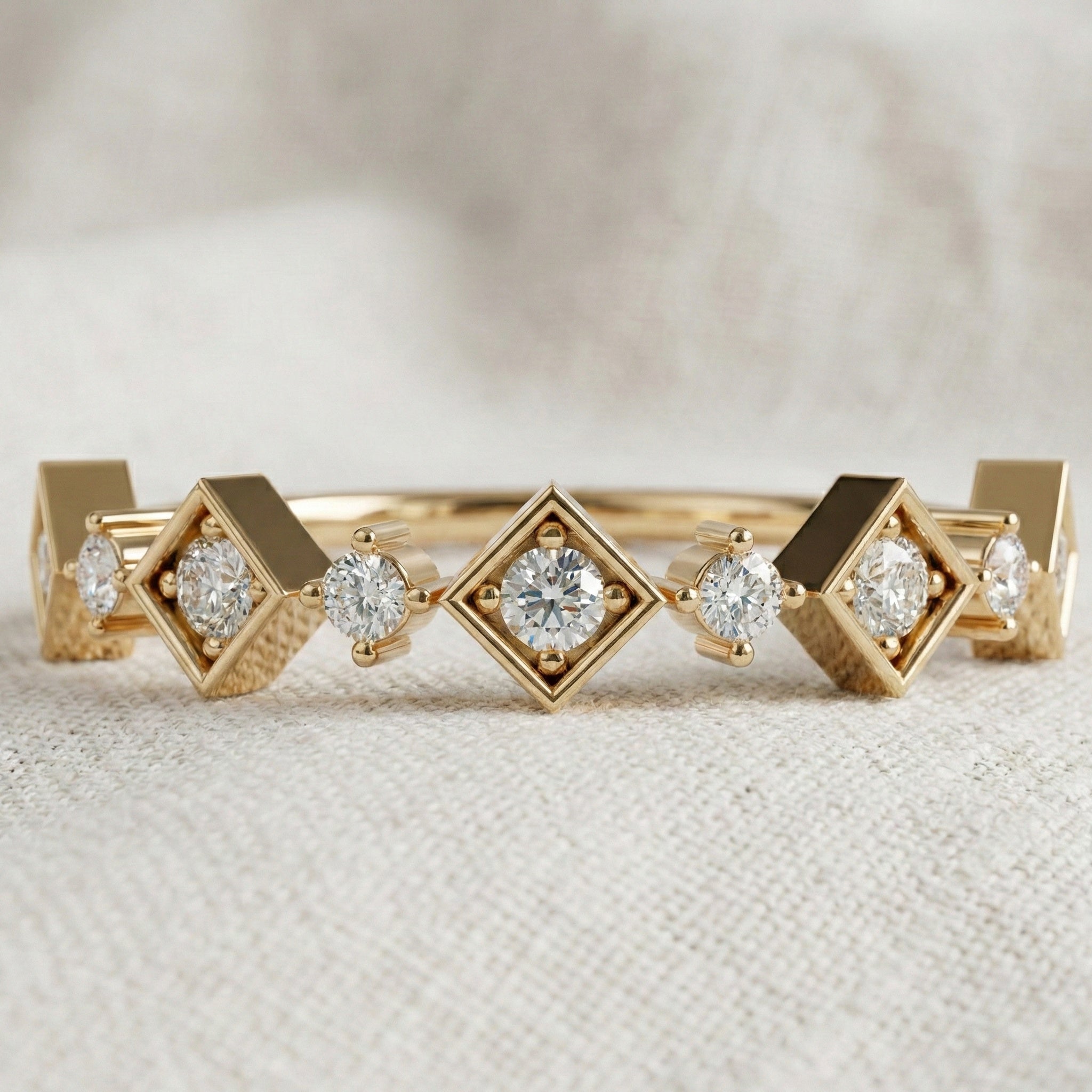 Art Deco Inspired Geometric Diamond Wedding Band in Lab Diamond-14k Solid Gold, Unique Band For Her,