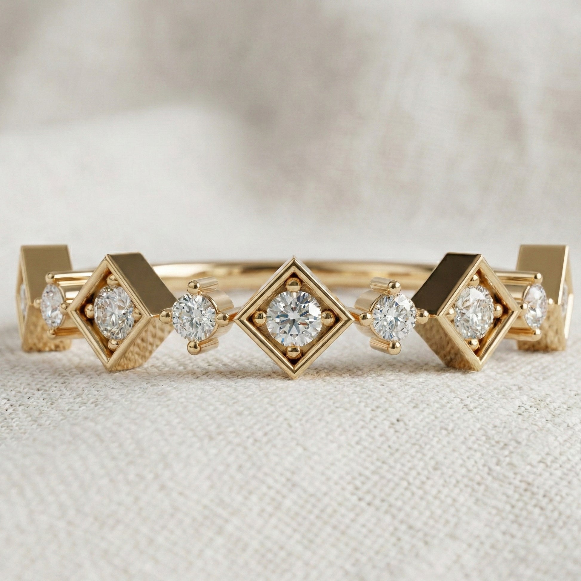 Art Deco Inspired Geometric Diamond Wedding Band in Lab Diamond-14k Solid Gold, Unique Band For Her,