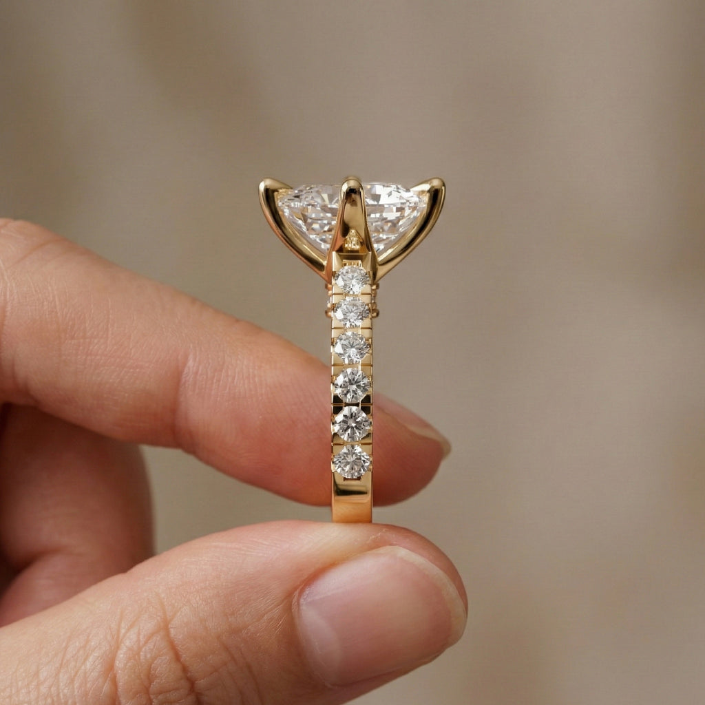 Princess Cut Pavé Solitaire Engagement Ring in 14K Solid Gold, 2.00 CT Princess Cut Lab Grown Diamond, Bridal Jewelry, Gift For Her