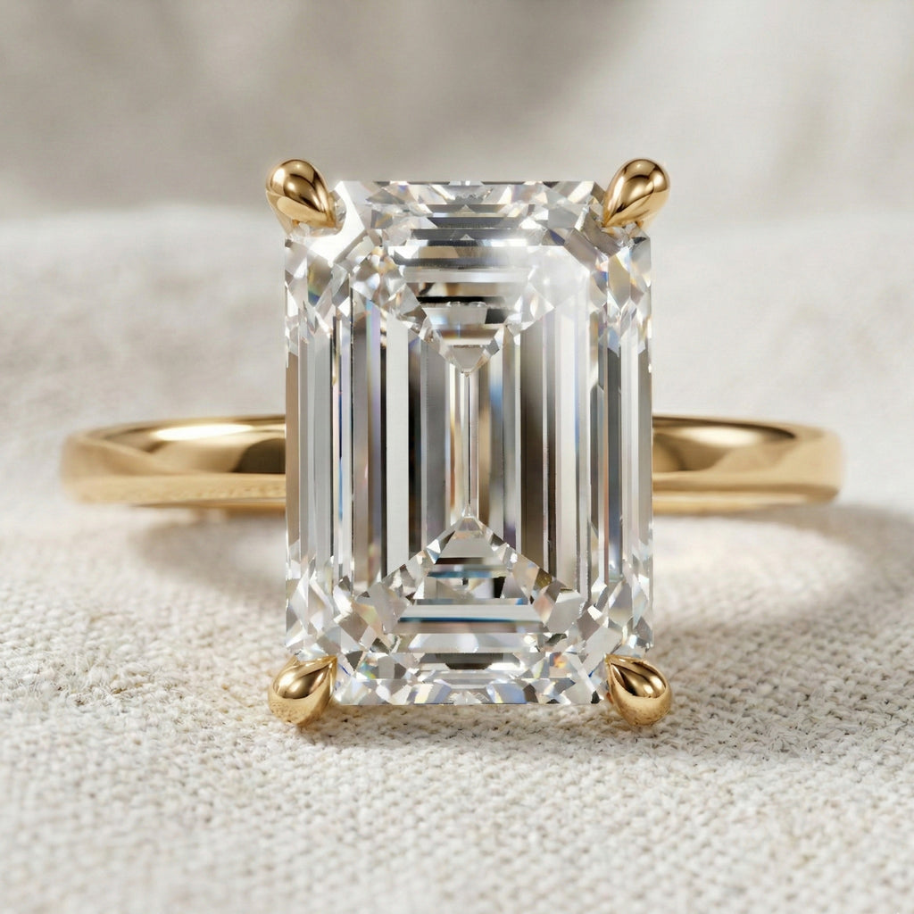 Timeless Four Prong Hidden Halo Engagement Ring in 14K Solid Gold, 3.20 CT Emerald Cut Lab Created Diamond, Bridal Jewelry, Gift For Her