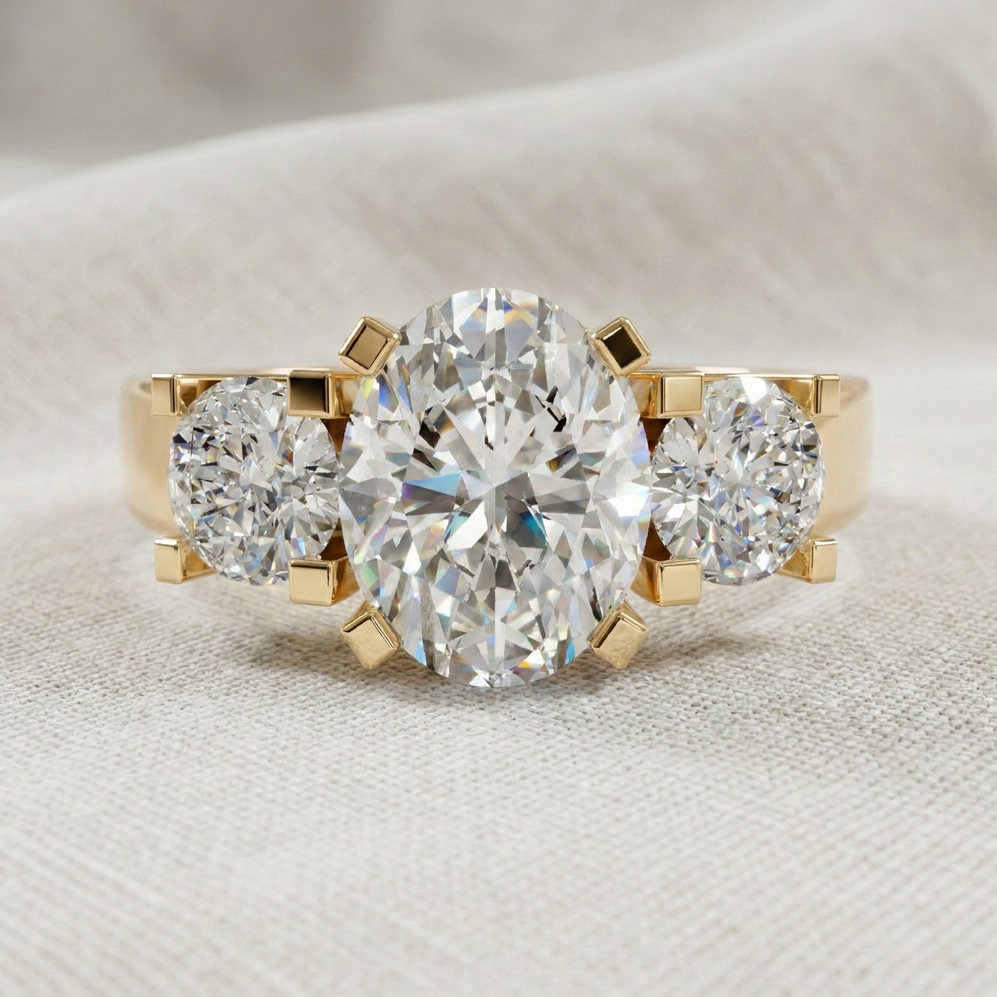Oval/Round Cut Three Stone Lab Grown Diamond Engagement Ring in 14K Yellow Gold, Propose Ring, Handmade Jewelry