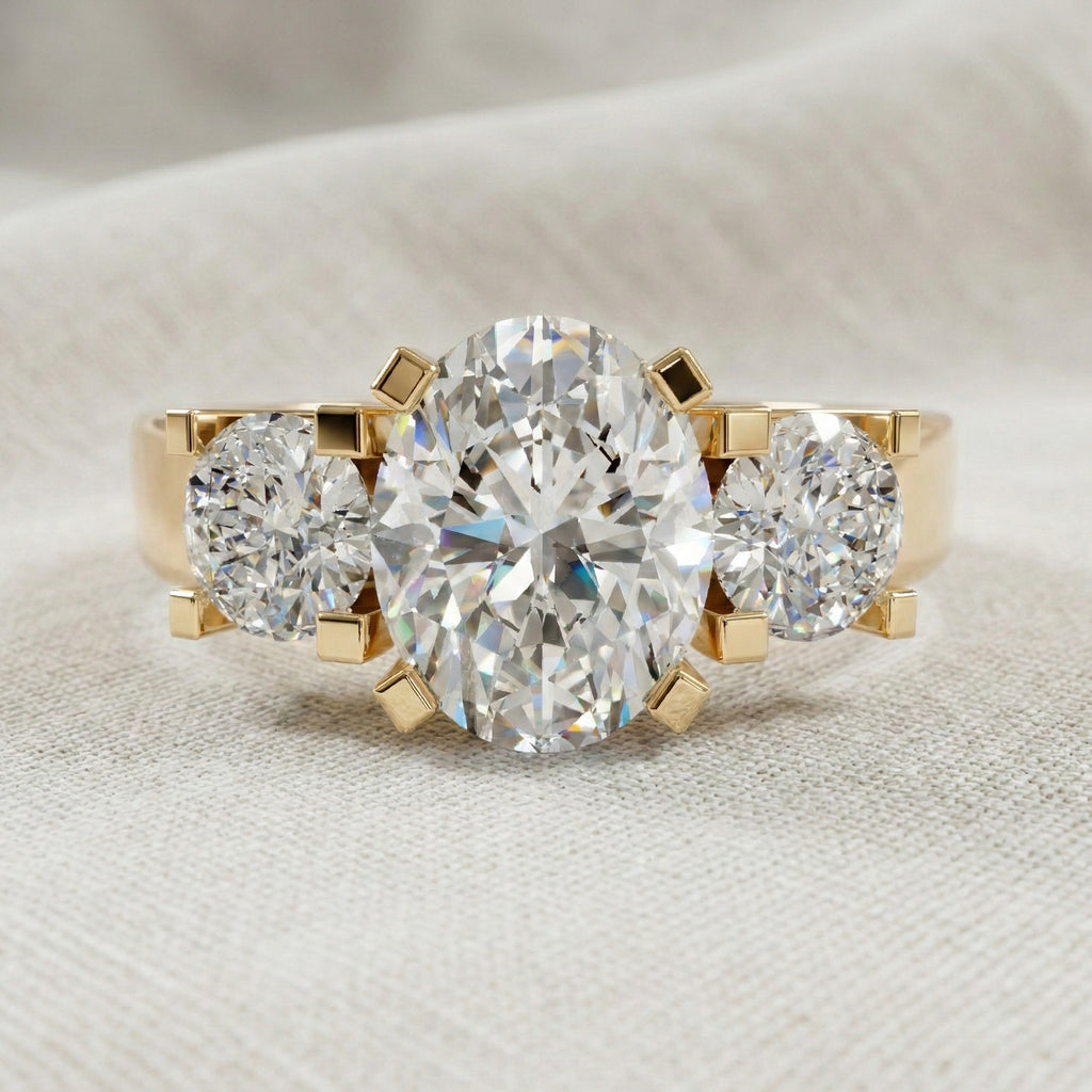 Oval/Round Cut Three Stone Lab Grown Diamond Engagement Ring in 14K Yellow Gold, Propose Ring, Handmade Jewelry