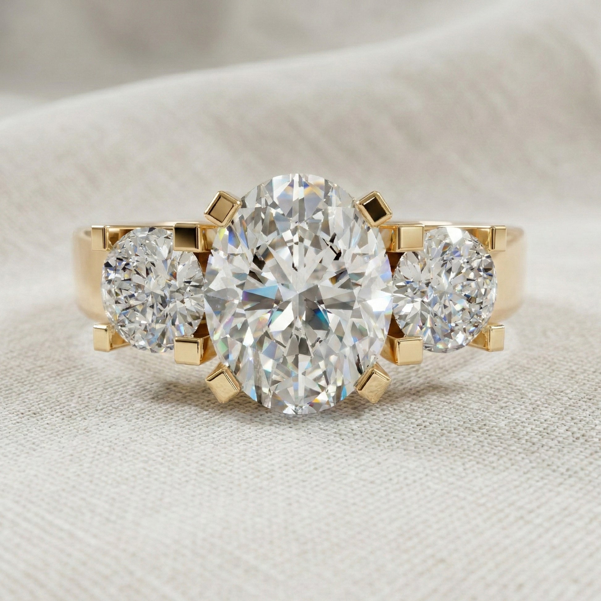 Oval/Round Cut Three Stone Lab Grown Diamond Engagement Ring in 14K Yellow Gold, Propose Ring, Handmade Jewelry