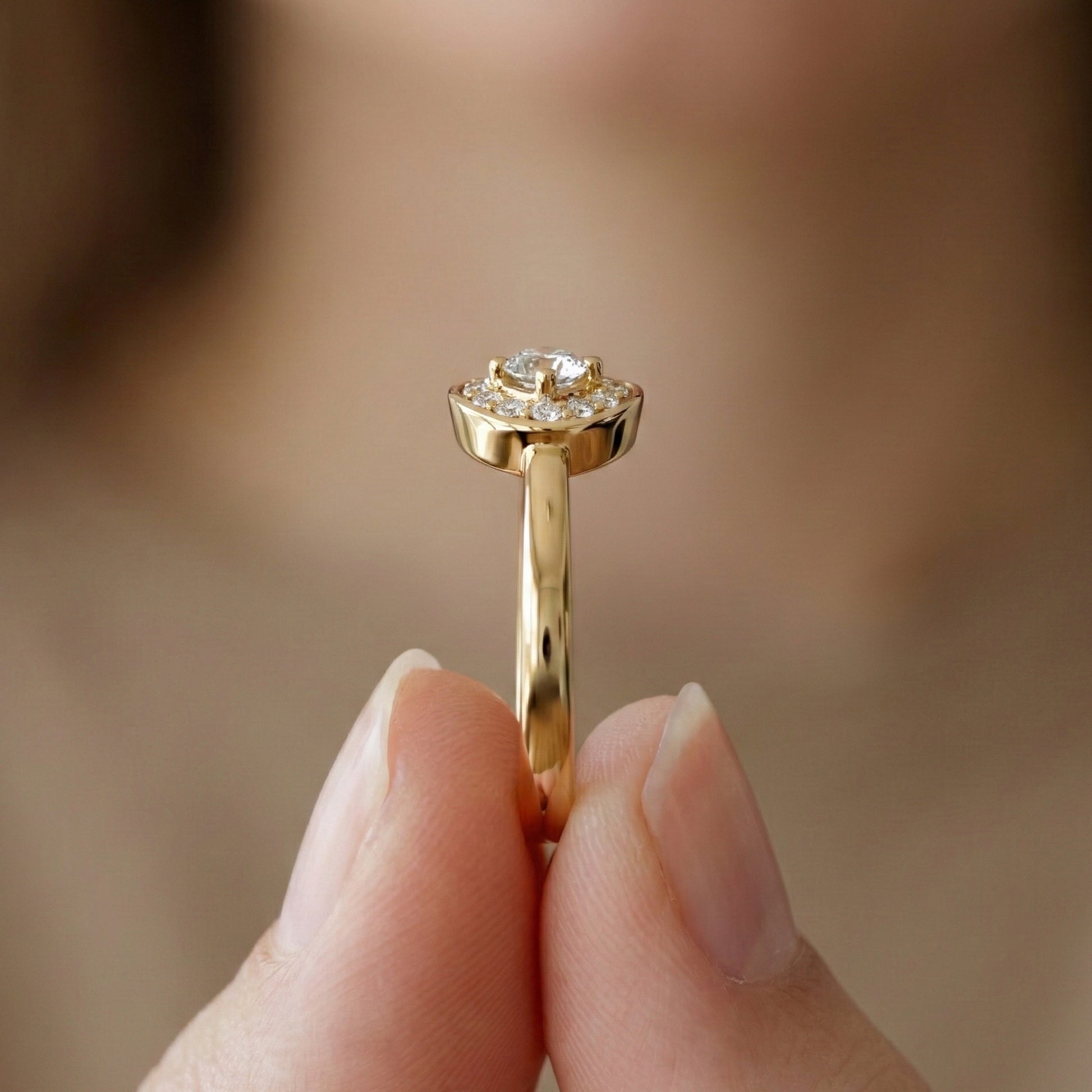 Teardrop Halo Solitaire Wedding Ring in 14k Yellow Gold, Elegant Halo Ring For Women, Anniversary Gift, Everyday Jewelry