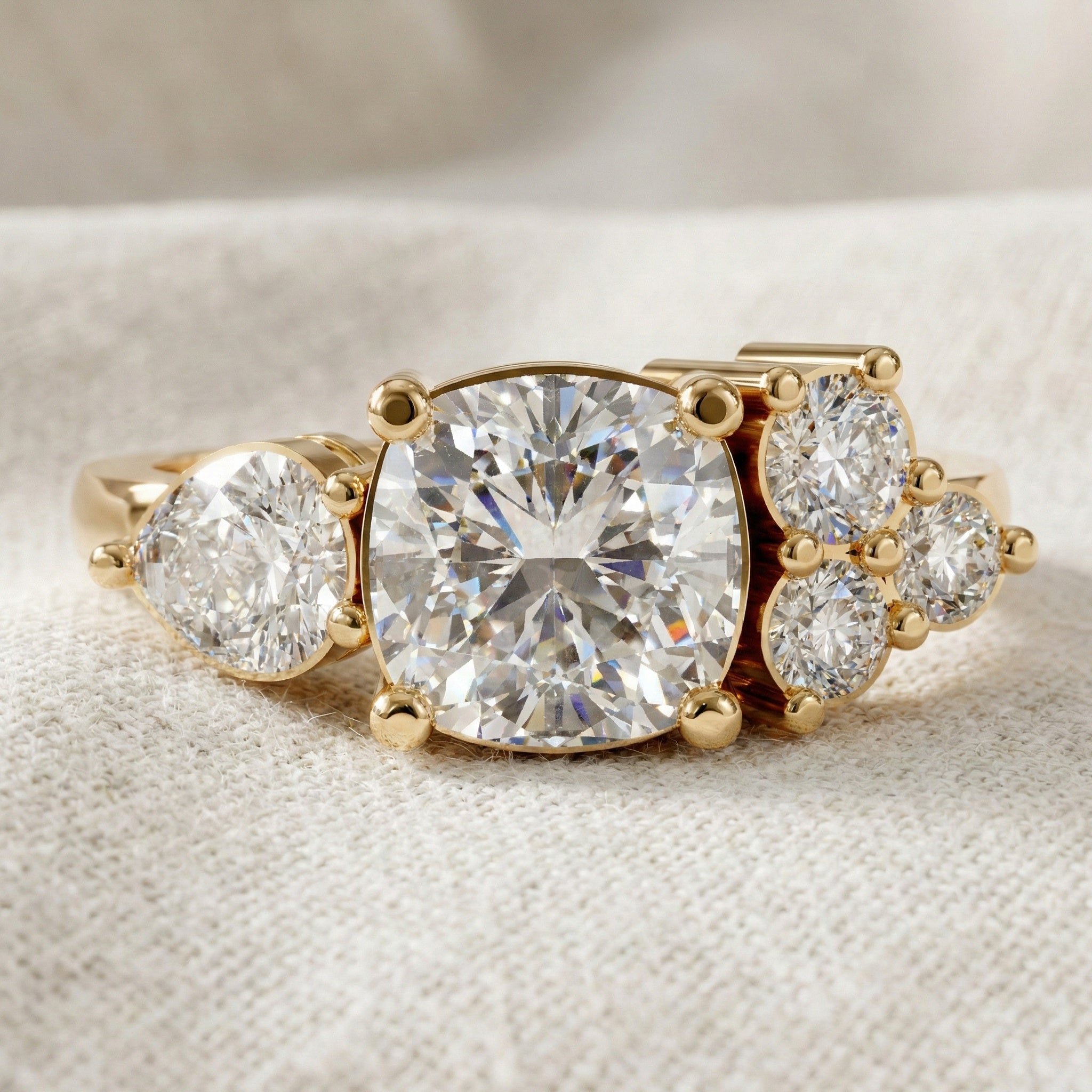 Cushion & Pear Toi et Moi Trio Cluster Anniversary Ring in Lab Grown Diamond – 14K Solid Gold, Daily Wear Jewelry,