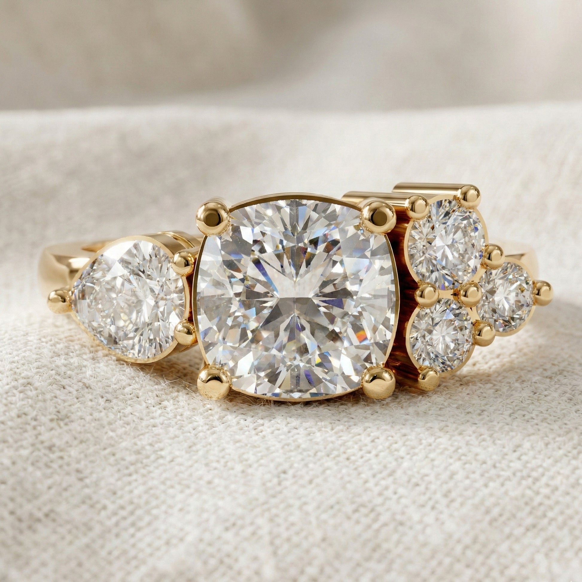 Cushion & Pear Toi et Moi Trio Cluster Anniversary Ring in Lab Grown Diamond – 14K Solid Gold, Daily Wear Jewelry,