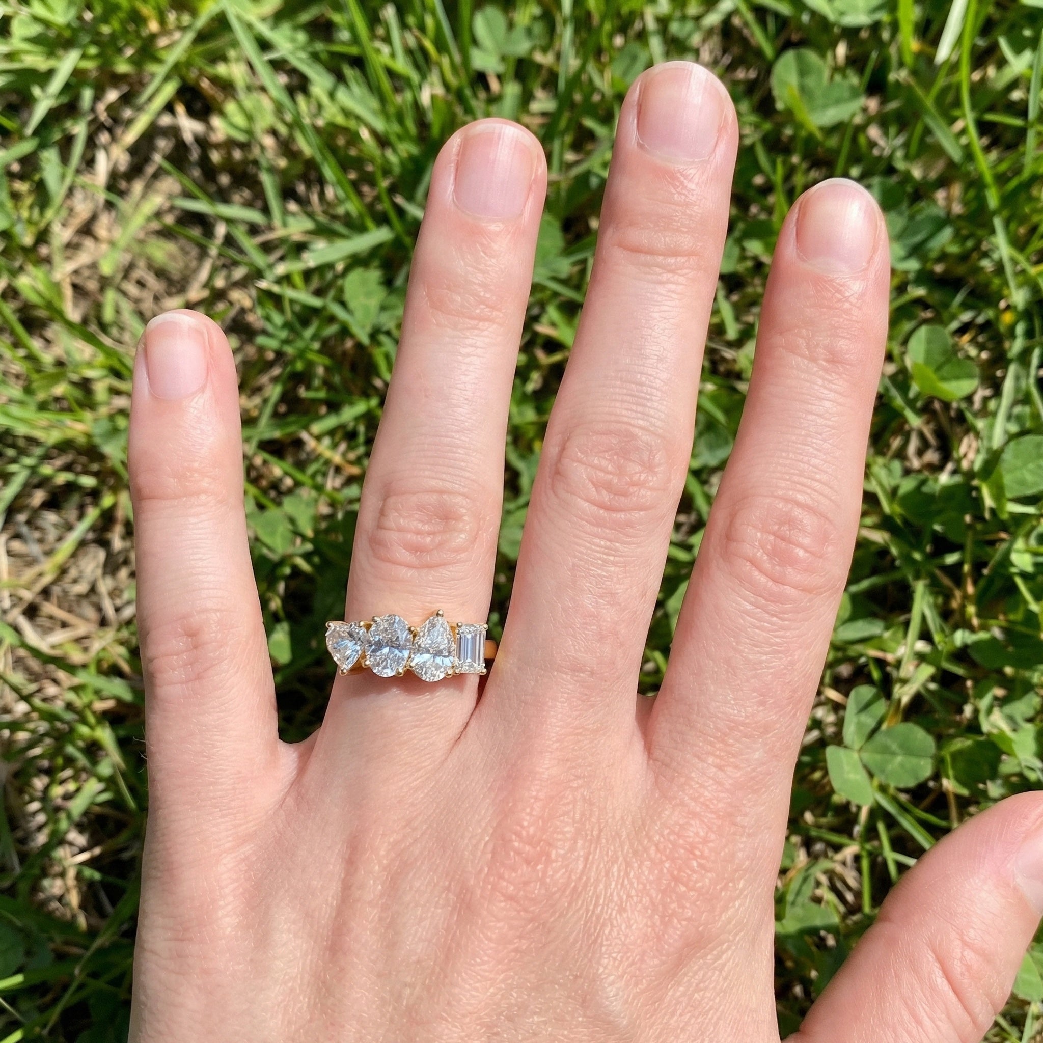 Four Stone East-West Engagement Ring in 14K Solid Gold, 1.99 TCW Heart/Oval/Pear/Emerald Cut Lab Grown Diamonds, Wedding Gift for Wife, Bridal Jewelry
