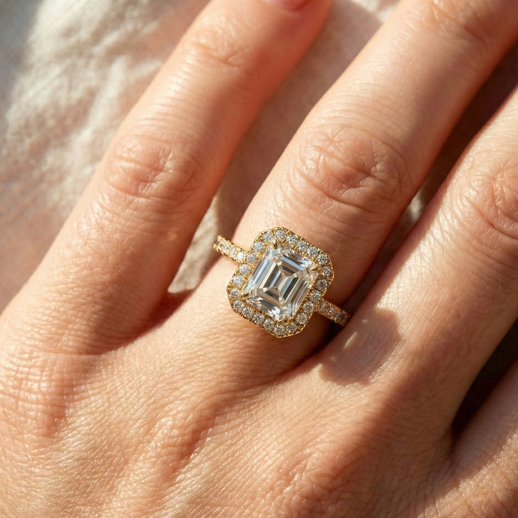 Square Halo Pave Engagement Ring in 14K Solid Gold, 1.00 CT Asscher Cut Lab Grown Diamond, Anniversary Gift For Her, Everyday Jewelry