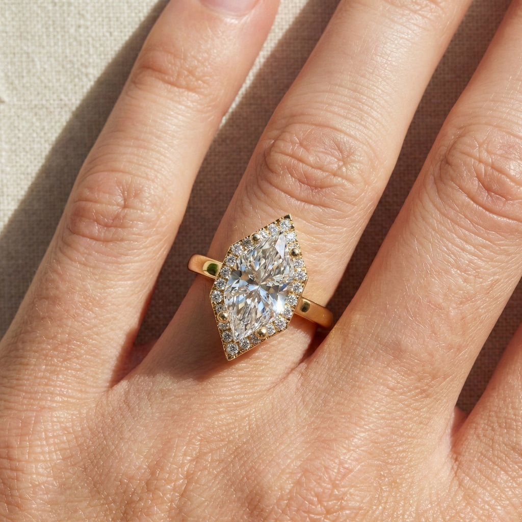 Art Deco Inspired Dutch Cut Halo Engagement Ring in 14K Solid Gold, 2.00 CT Dutch Marquise Cut Lab Created Diamond, Anniversary Gift for Her