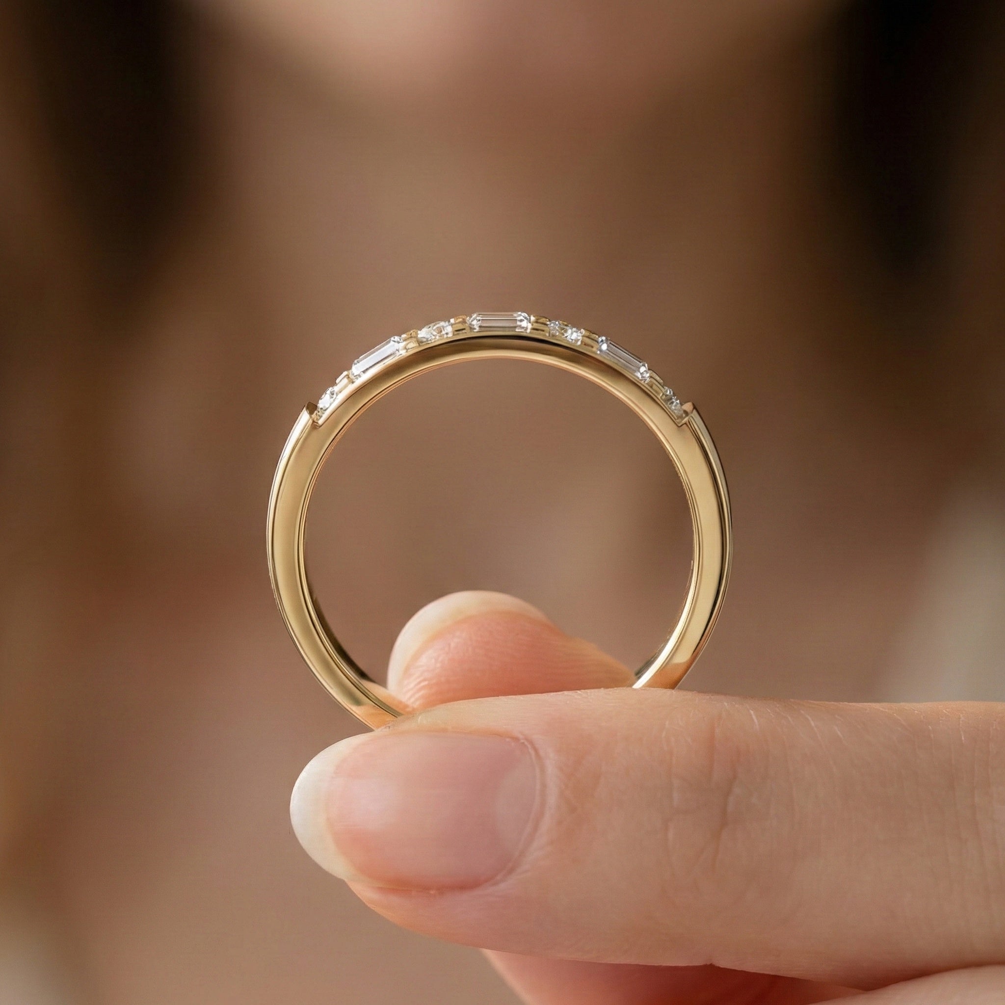 Half Eternity Bar Set Wedding Band in 14K Solid Gold, 0.23 TCW Baguette/Round Cut Lab Diamonds, Handmade Bridal Jewelry, Birthday Gift for Her