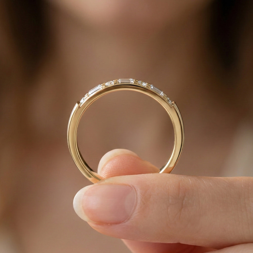 Half Eternity Bar Set Wedding Band in 14K Solid Gold, 0.23 TCW Baguette/Round Cut Lab Diamonds, Handmade Bridal Jewelry, Birthday Gift for Her